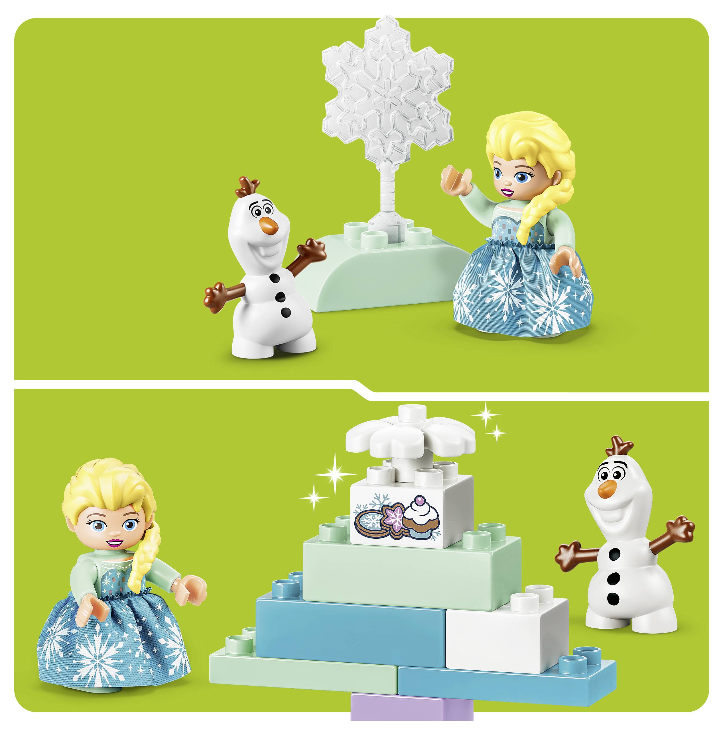 Dvě scény LEGO Frozen na zeleném pozadí: Olaf a Elsa se stromem ze sněhové vločky a skládaná stavba LEGO připomínající dárek s Olafem a Elsou vedle ní.