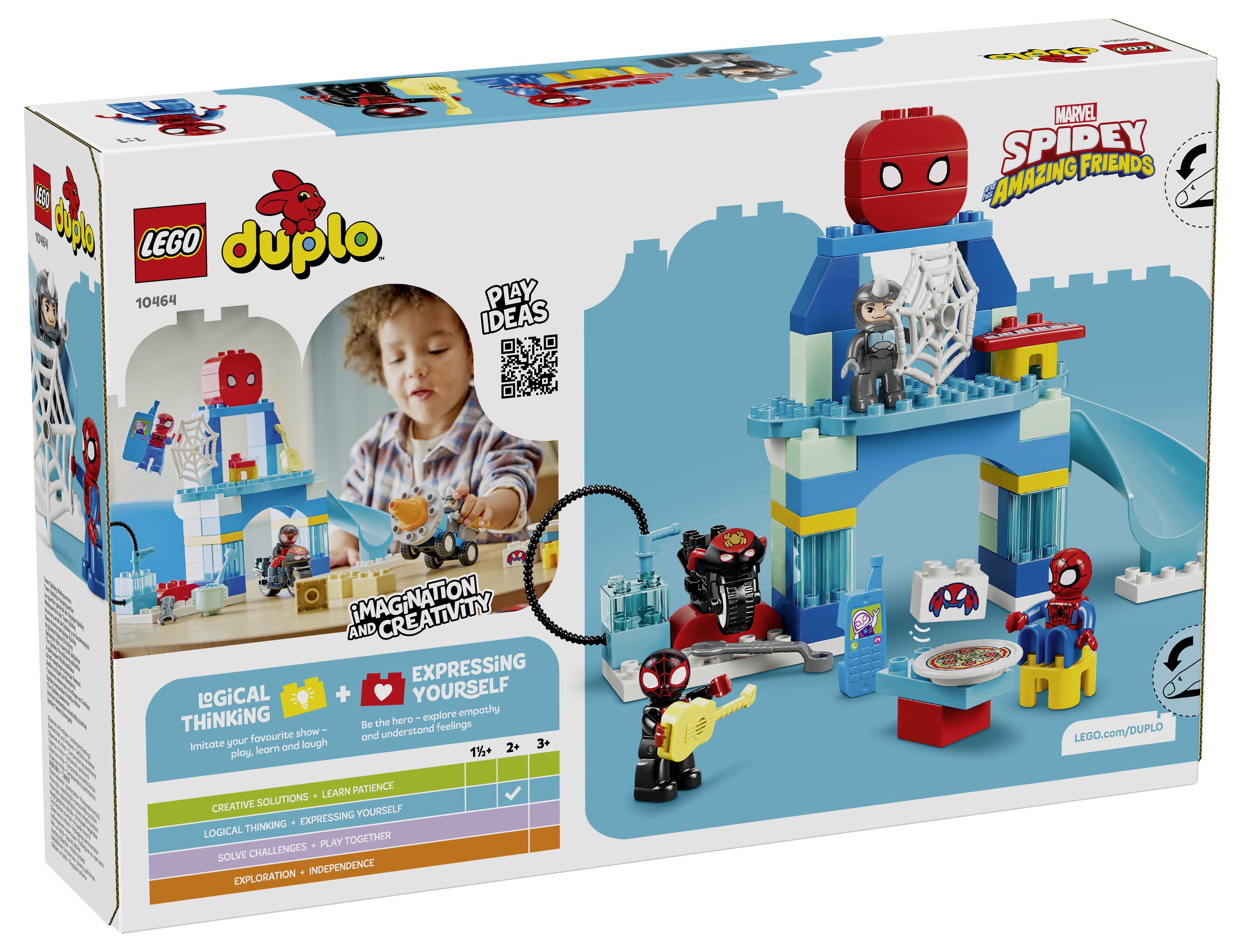 LEGO Duplo Spider-Man a Spidey Amazing Friends souprava v krabici ukazující dítě stavící Spider-Man-motivovanou scénu s mini figurkami a věží pavoučí sítě.