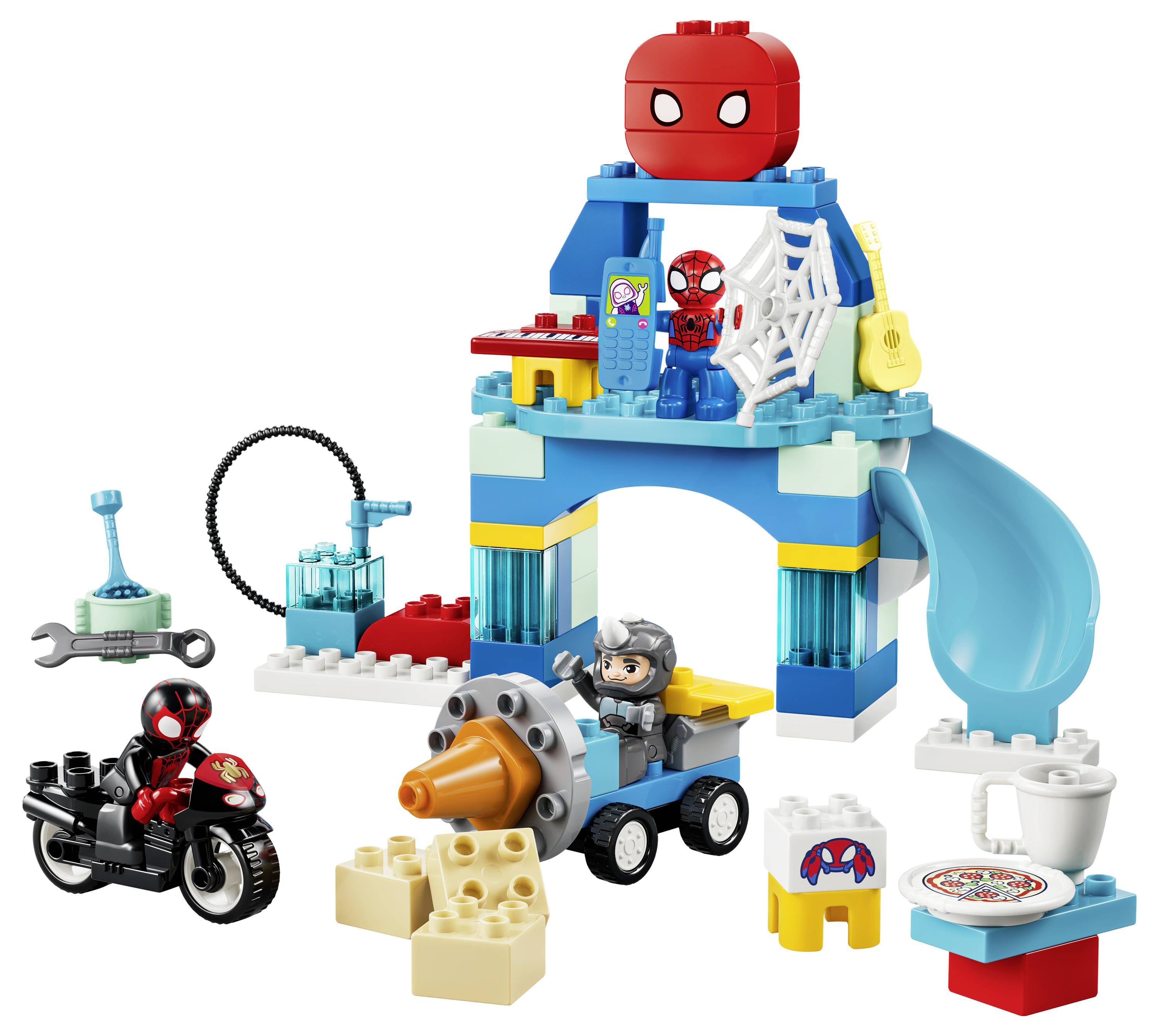 LEGO set Spider-Mana zobrazující barevné superhrdinské ústředí se skluzavkou, pavučinou, koloběžkou, motocyklem a dvěma minifigurkami s velkou hlavou Spider-Mana nahoře.