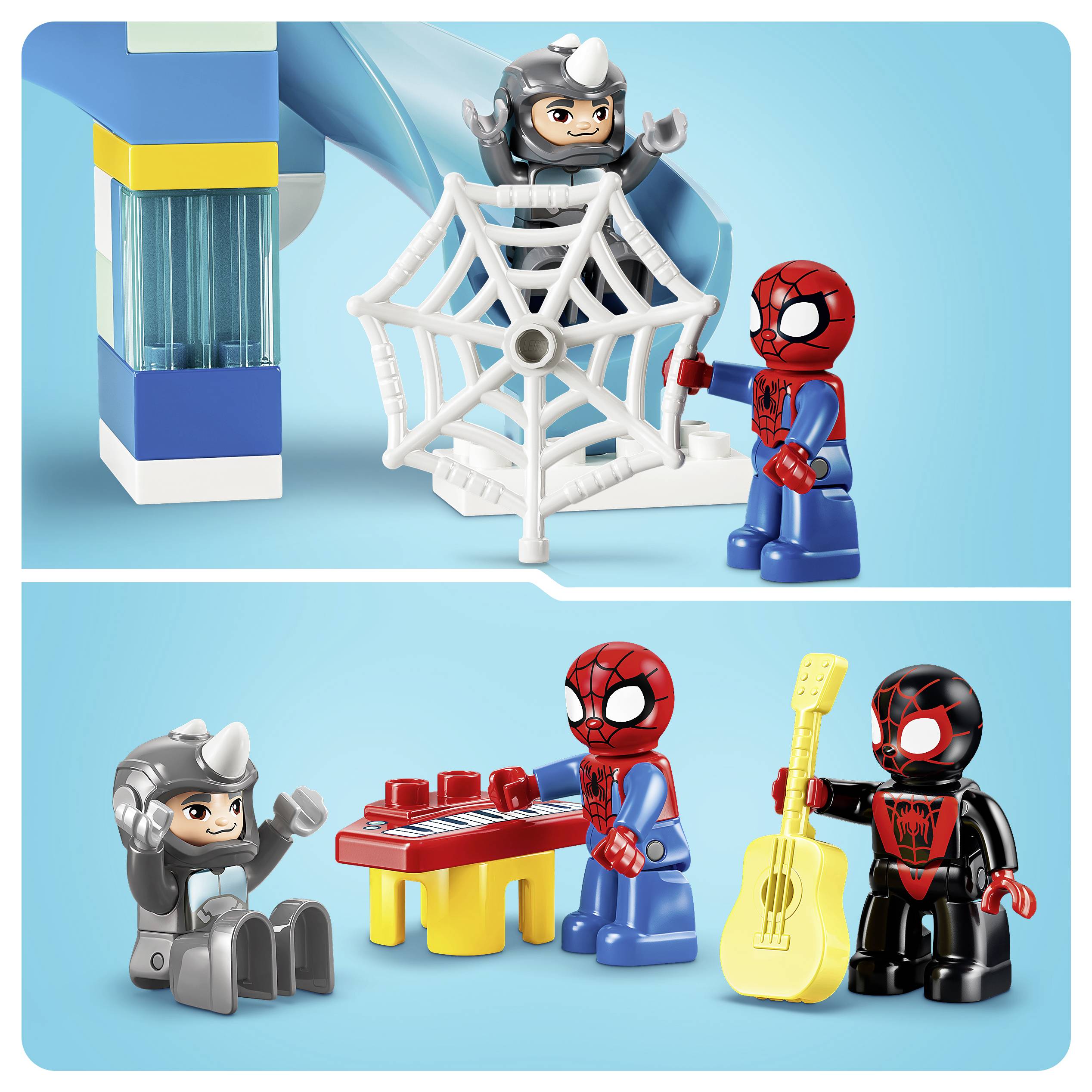 Dvoupanelová LEGO scéna se Spider-Manem: nahoře Spider-Man v síťovém pasti čelí Nosorožci; dole Nosorožec sedí, zatímco Spider-Man hraje na červeném stole a další Spider-Man v černém obleku drží žlutou kytaru.