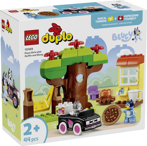 10469 LEGO® DUPLO Bluey Včetně pizzy s muffinem a blueyem; hračky s autem na hraní, stromem, houpačkou a 2 figurkami