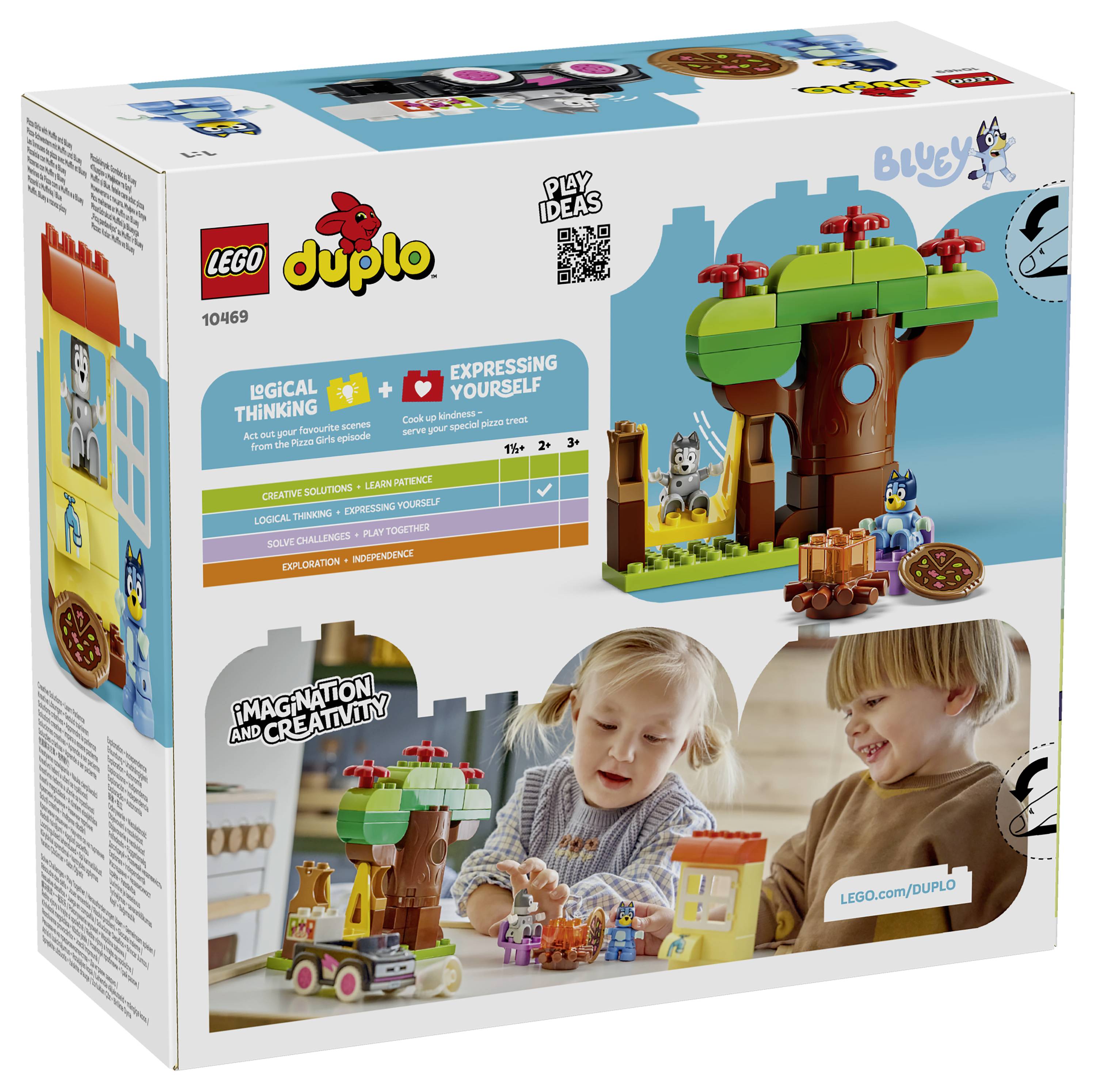 LEGO DUPLO 'Dům na stromě' na krabici s barevnou stavbou obsahující strom, zvířata a dvě děti si hrající; sada 10469.