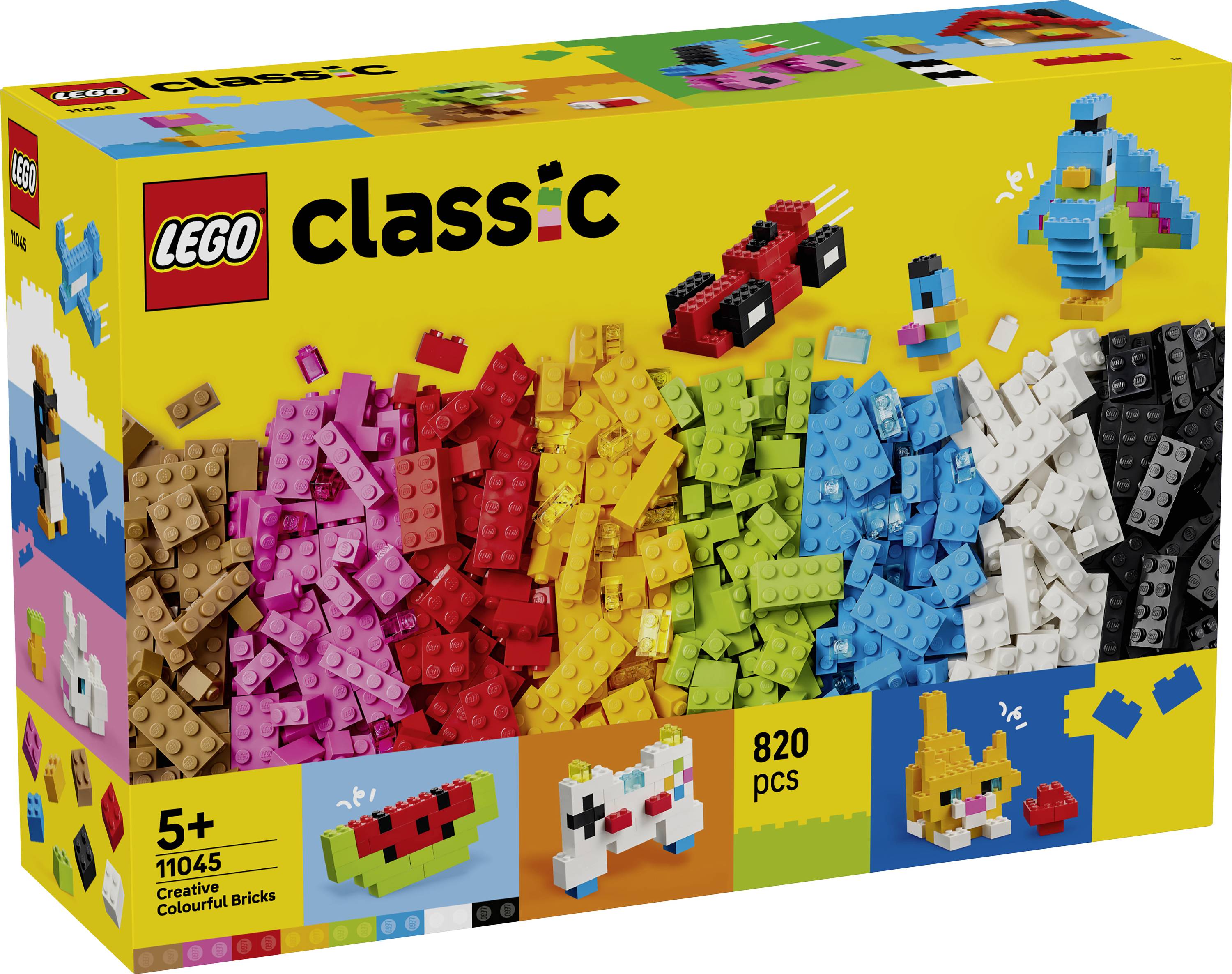 LEGO Classic Creative Bricks box s 820 barevnými dílky, věk 5+, zobrazeno v duhovitých hromádkách na žlutém balení.