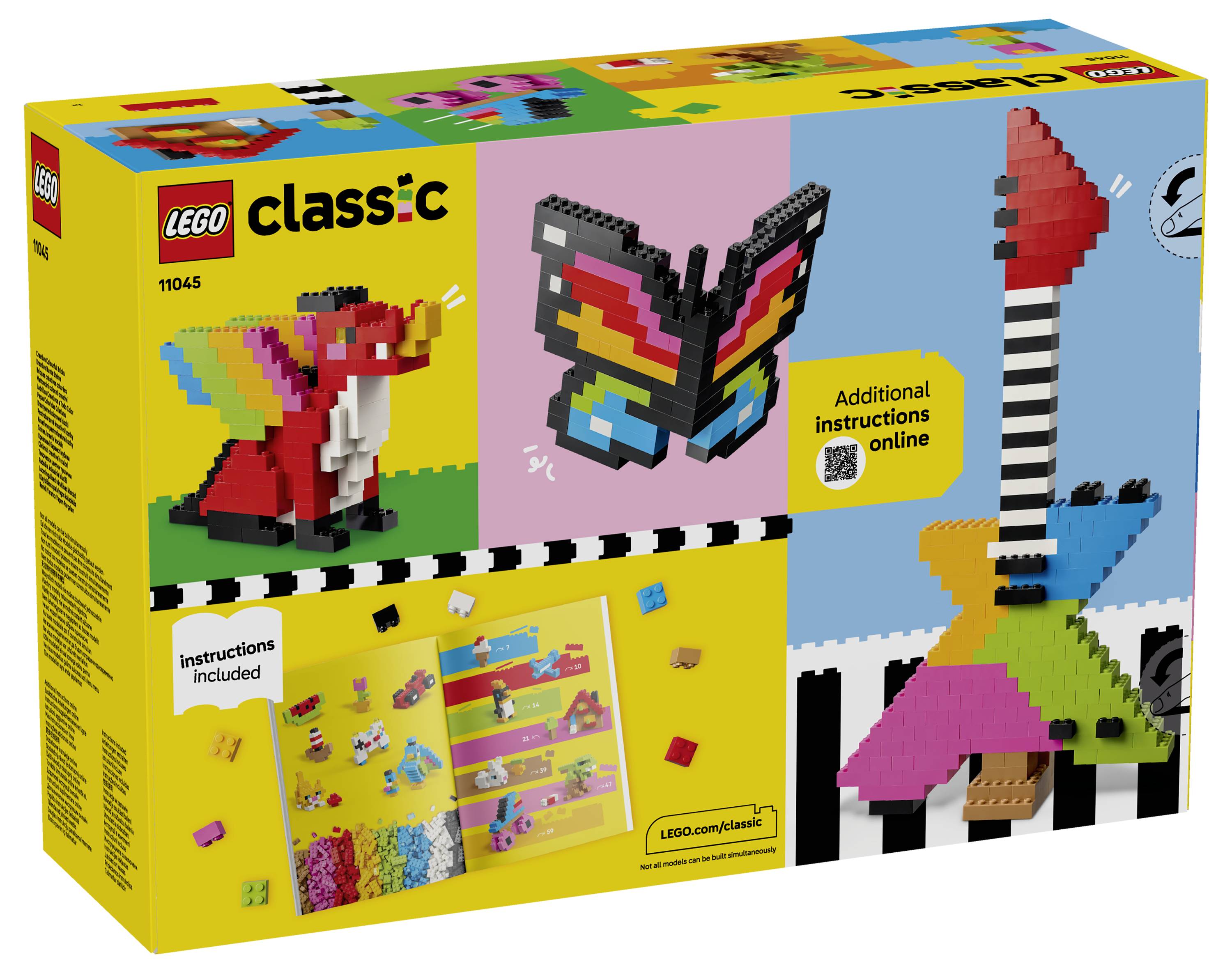 LEGO Classic 11045 krabice zobrazující pestrobarevné modely postavené z kostek, včetně papouška, motýla a majáku, s textem "Dodatečné pokyny online".