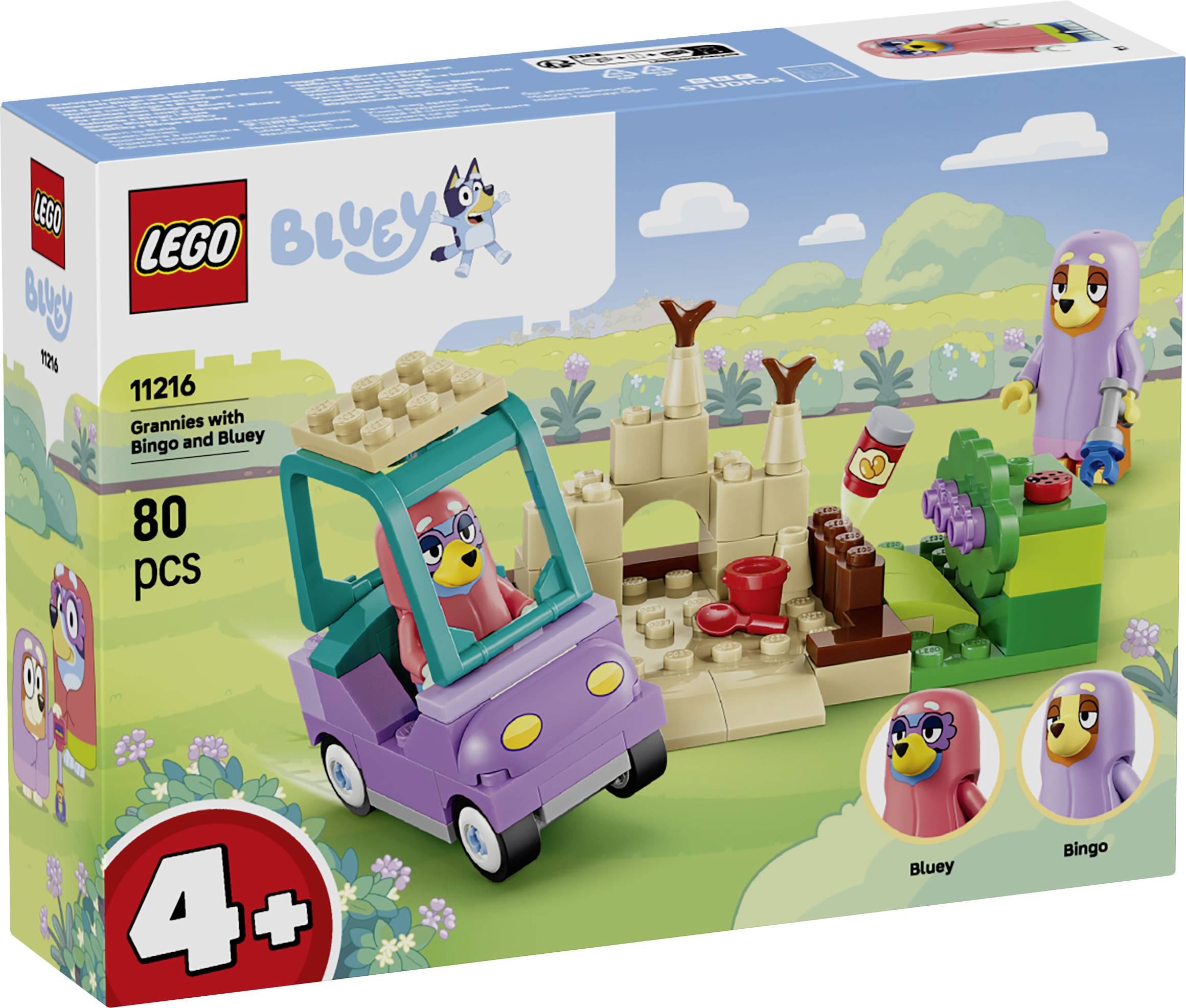 LEGO Bluey set 11216, „Babičky s bingo a Bluey", 80 dílků, 4+; obalová grafika zobrazuje fialové auto s Bingo, Bluey a piknikovým příslušenstvím.