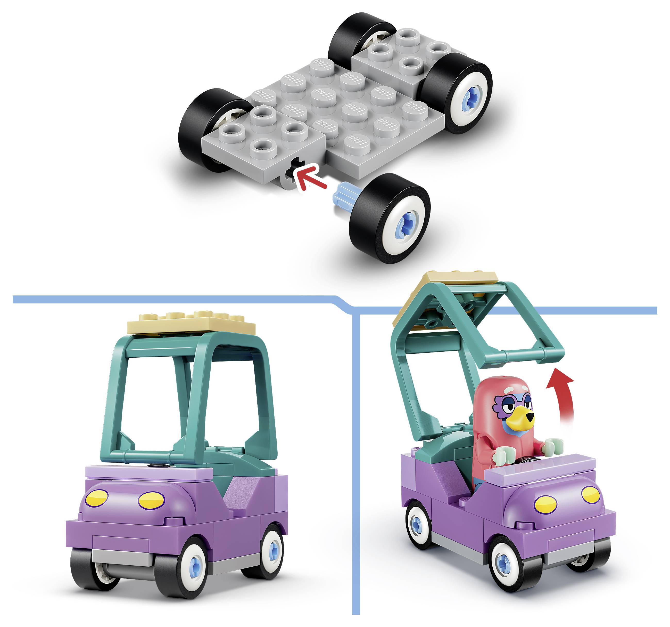 Diagram znázorňující krok sestavení automobilu ve stylu LEGO: základní deska s koly, poté tyrkysově orámovaný fialový automobil s figurkou sedící uvnitř a střecha/rám zvednutá nahoru červenou šipkou.