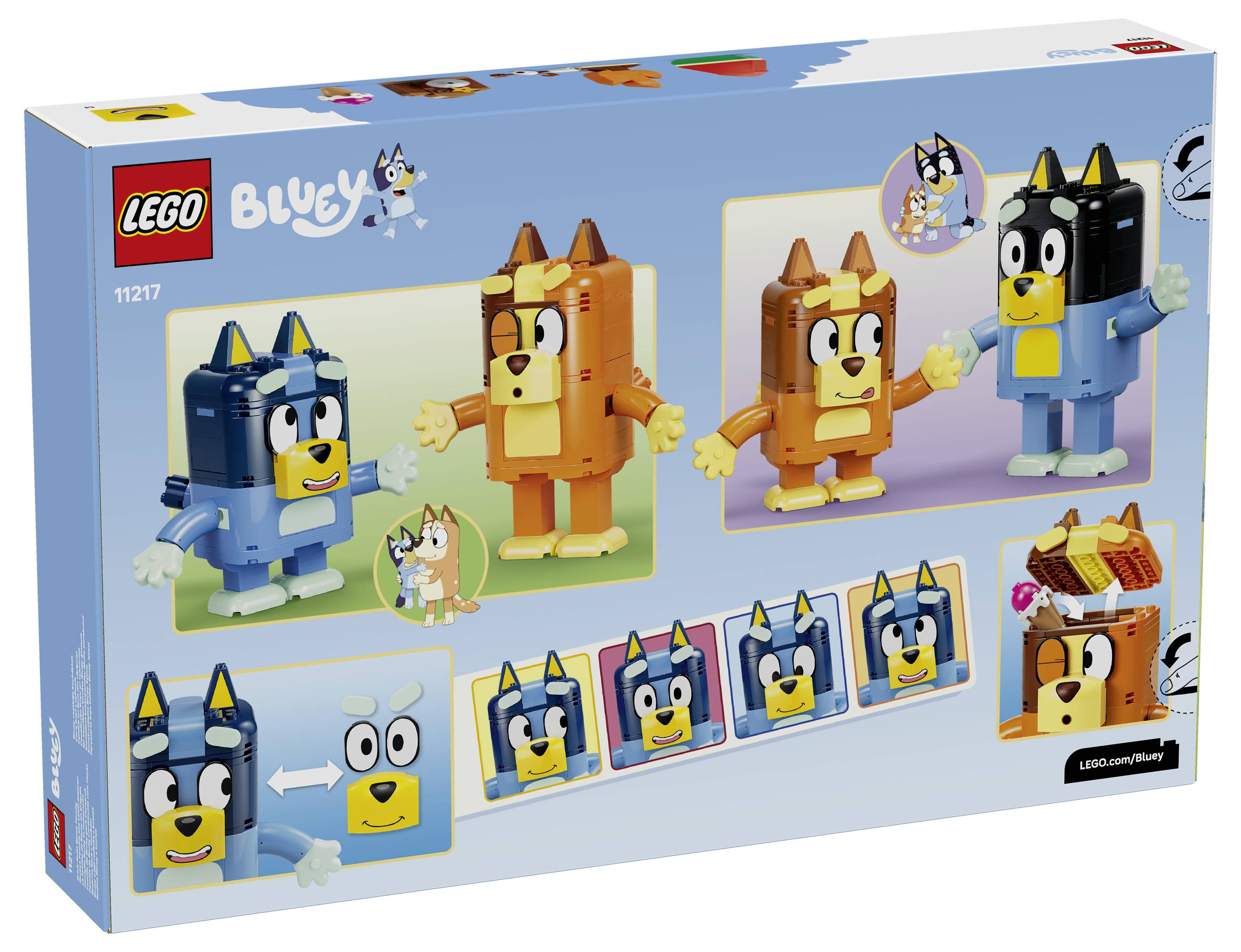 LEGO sada Bluey na krabici zobrazující stavitelné figurky Blueyho, Binga, Chilli a Bandita, s více pohledy na postavy a detaily obličejů ze stavebních kostek.