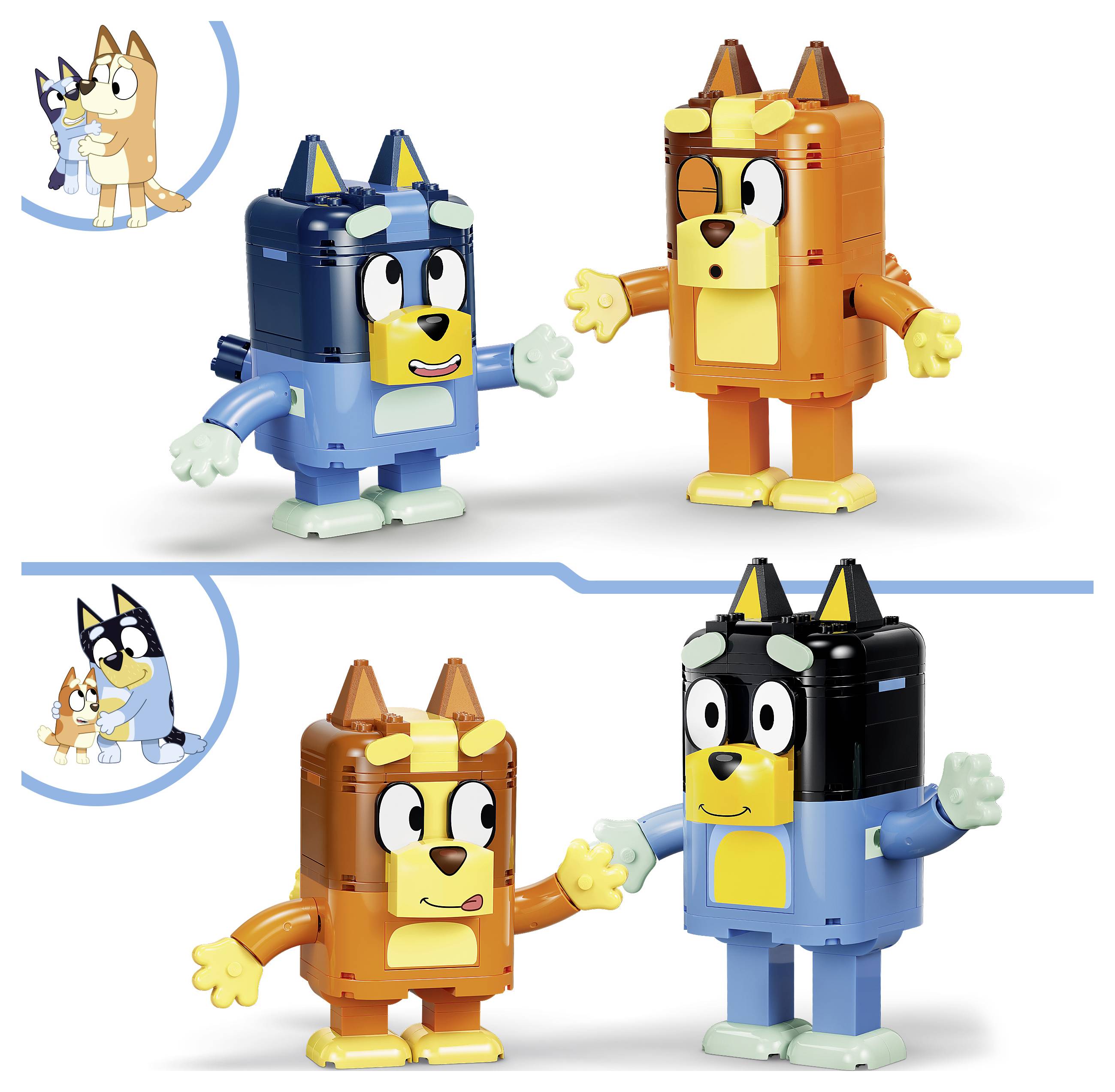 Dvě LEGO figurky ve stylu Bluey a Bingo v modrých a oranžových verzích, zobrazené ve dvou párech si podávajících ruce s malými ikonami postav vloženými vlevo.