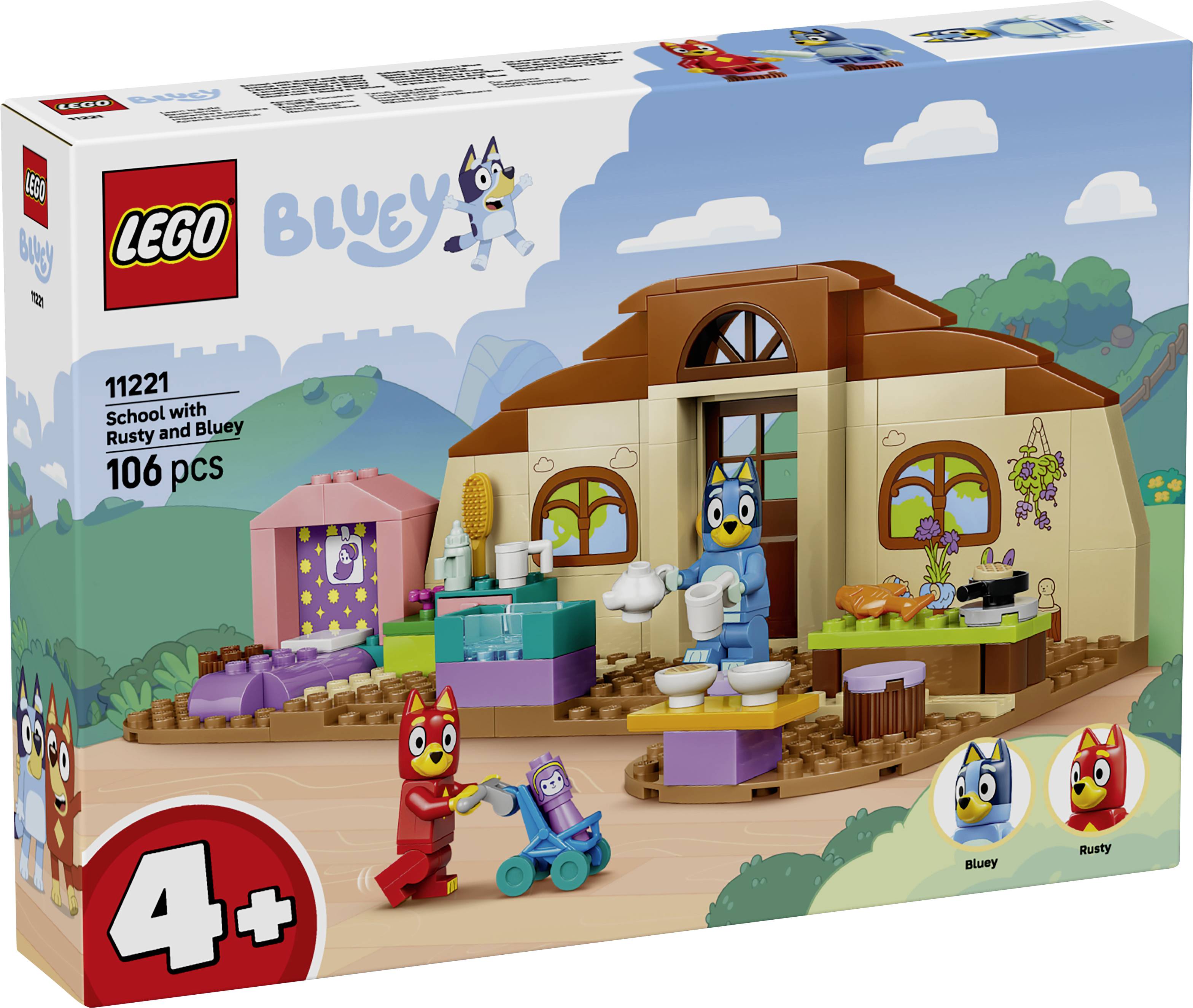 LEGO Bluey sada "Škola s Rusty a Bluey" obalová grafika, znázorňující malou školní budovu s figurkami Bluey a Rusty; 106 dílků, věk 4+