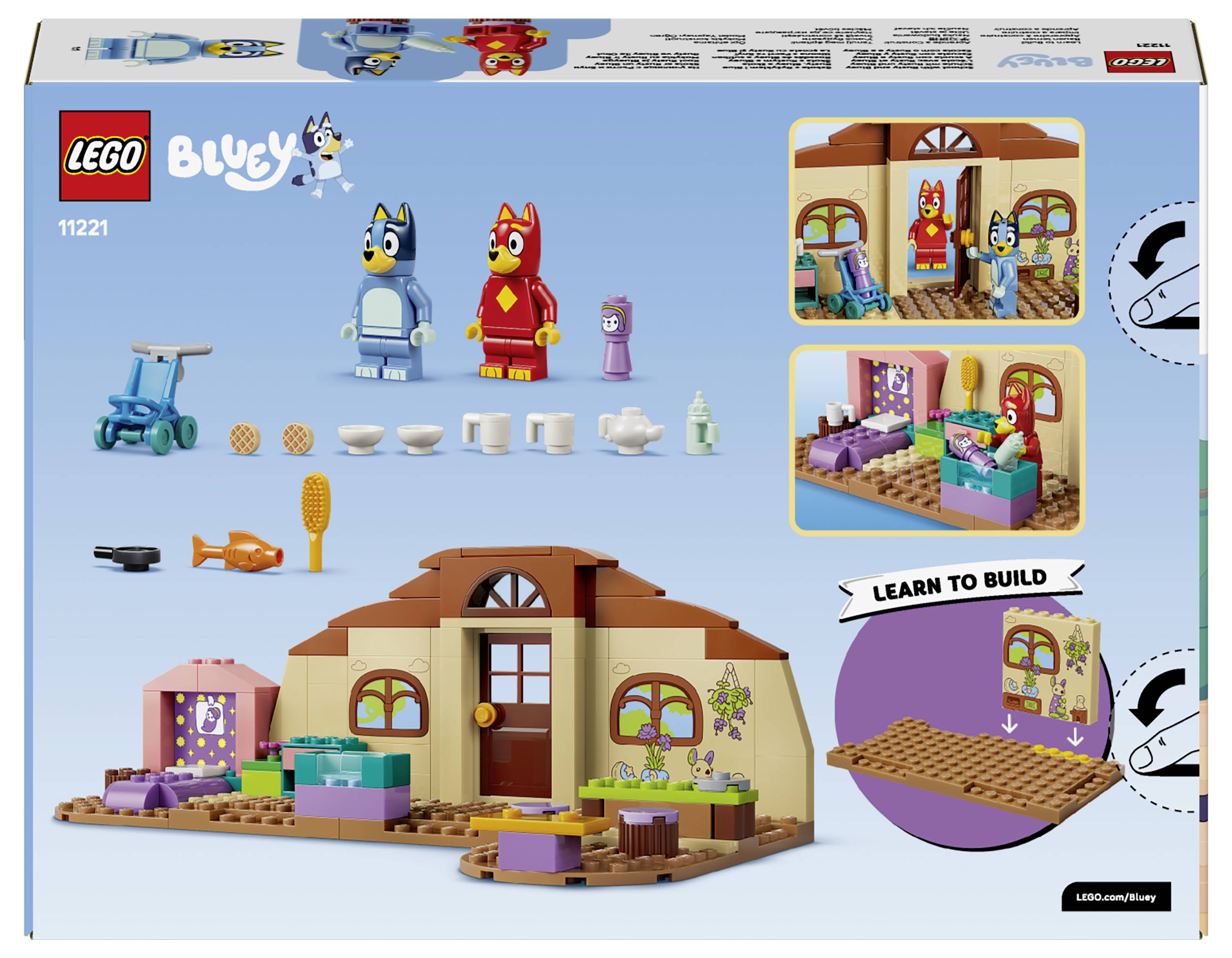 Krabice sady LEGO Bluey 11231 zobrazující stavitelný dům, minifigurky Bluey a Bingo, kusy nábytku a malé náhledové obrázky hotových místností.