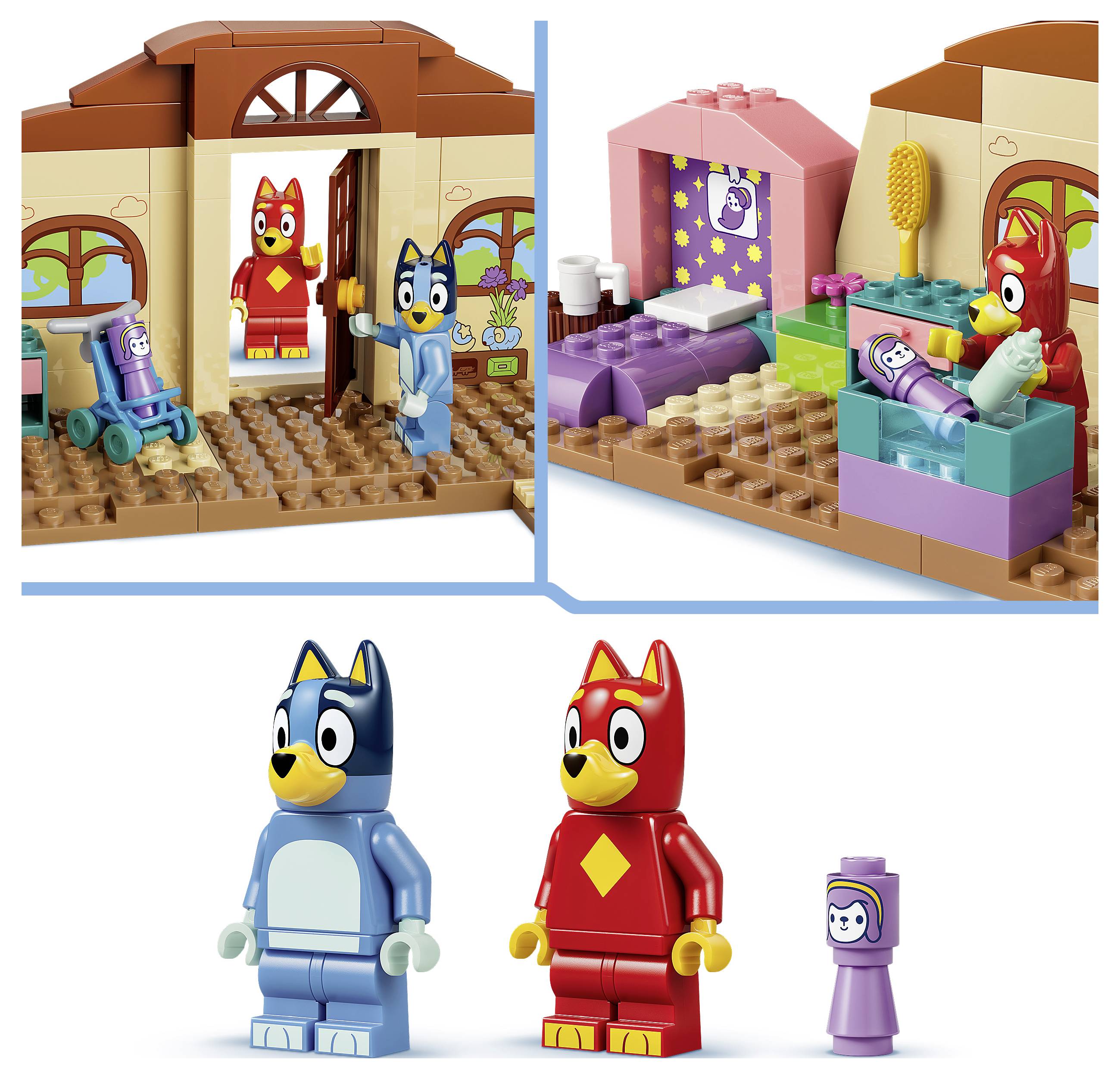 LEGO Bluey souprava s postavičkou Bluey a Bingo v domě se scénami ložnice a koupelny, plus minifigurky Bluey, Bingo a malá figurka.