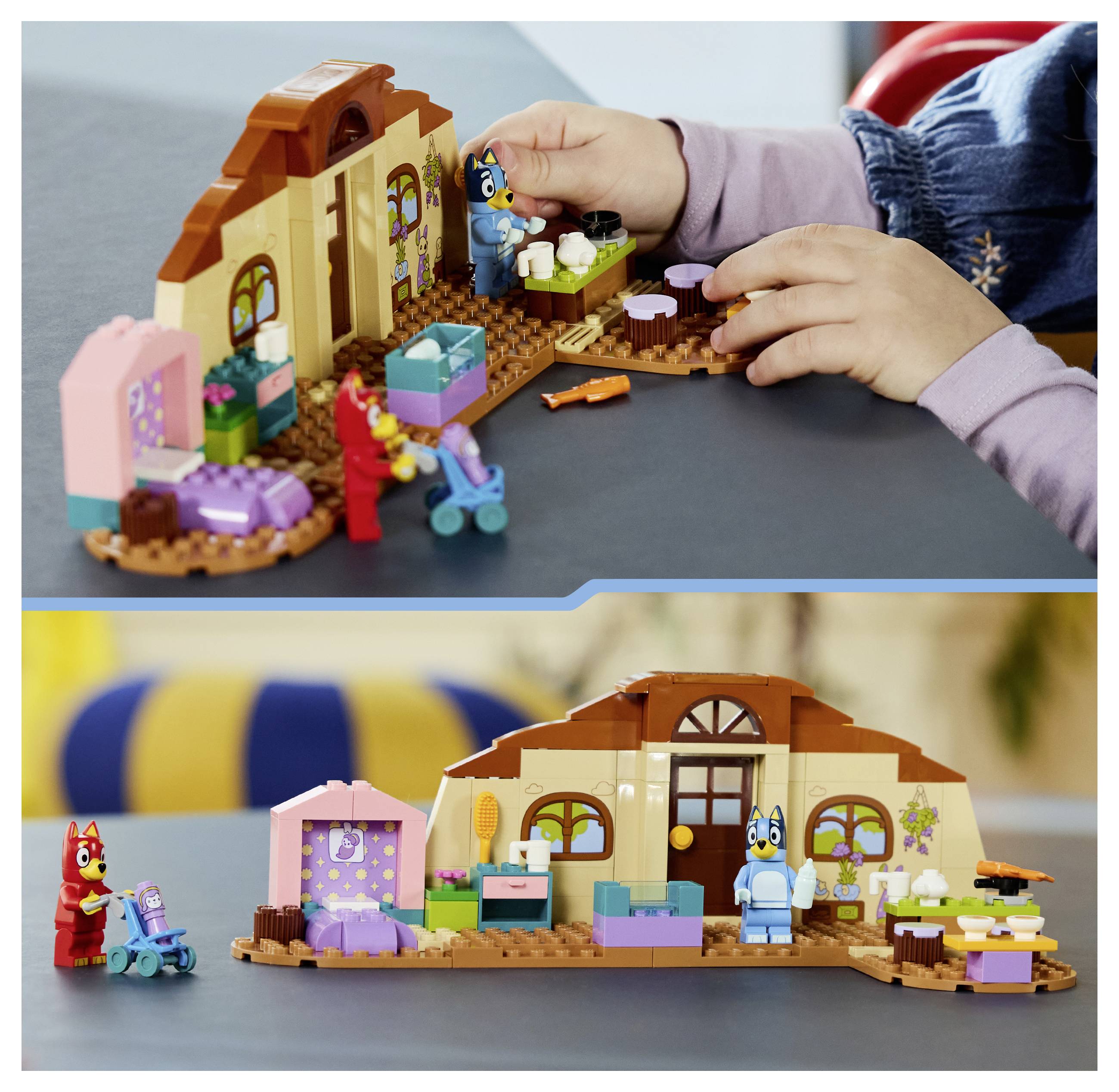 Děti si hrají se stavebnicí LEGO Bluey, kde si uspořádávají figurky a nábytek; sestaveného domu s postavami vidíte níže.