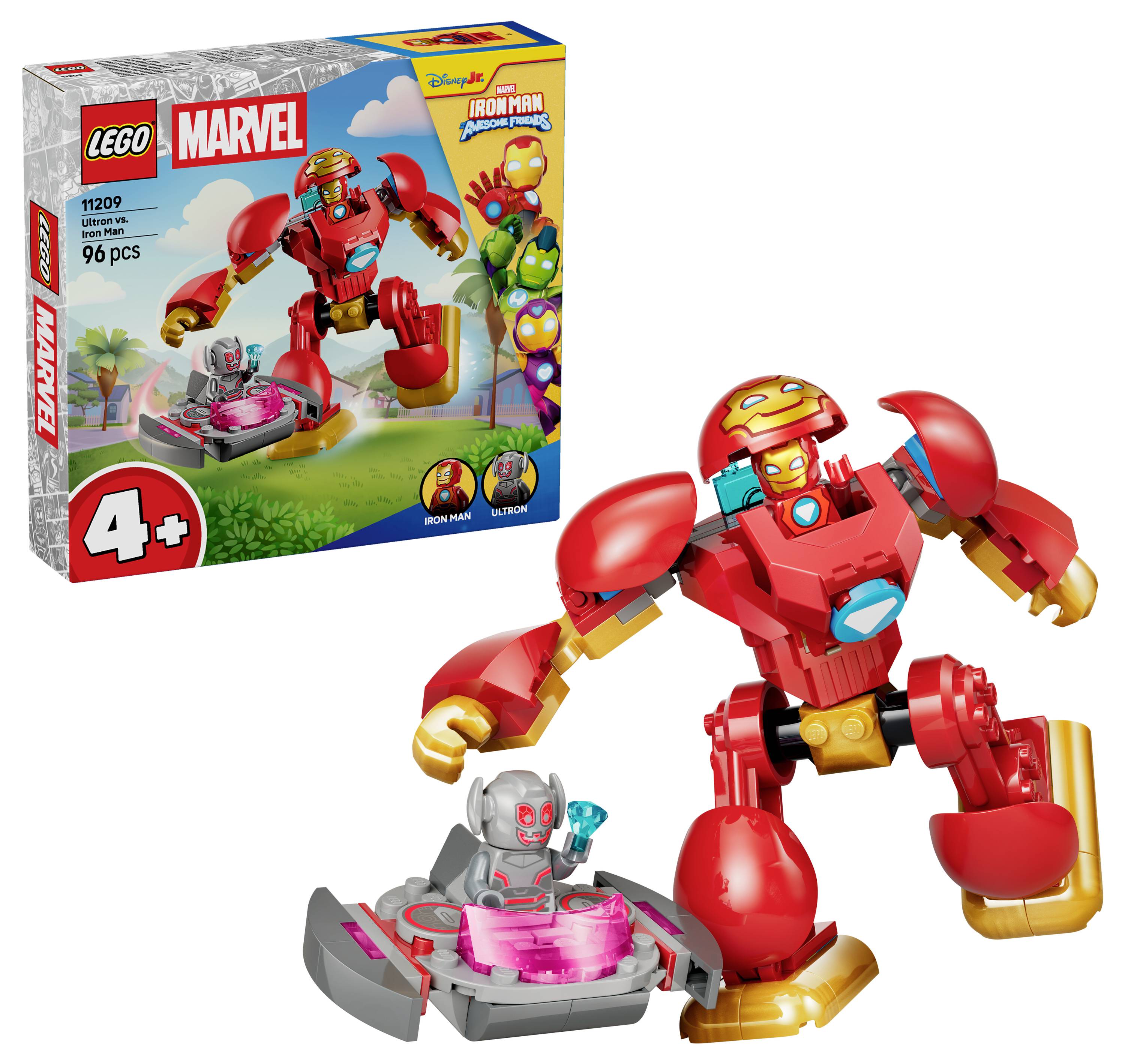 Sada LEGO Marvel Iron Man s krabicí a stavbou červeného Iron Manovy mecha a malého vozidla Ultron, označená 4+ a 96 kusů.