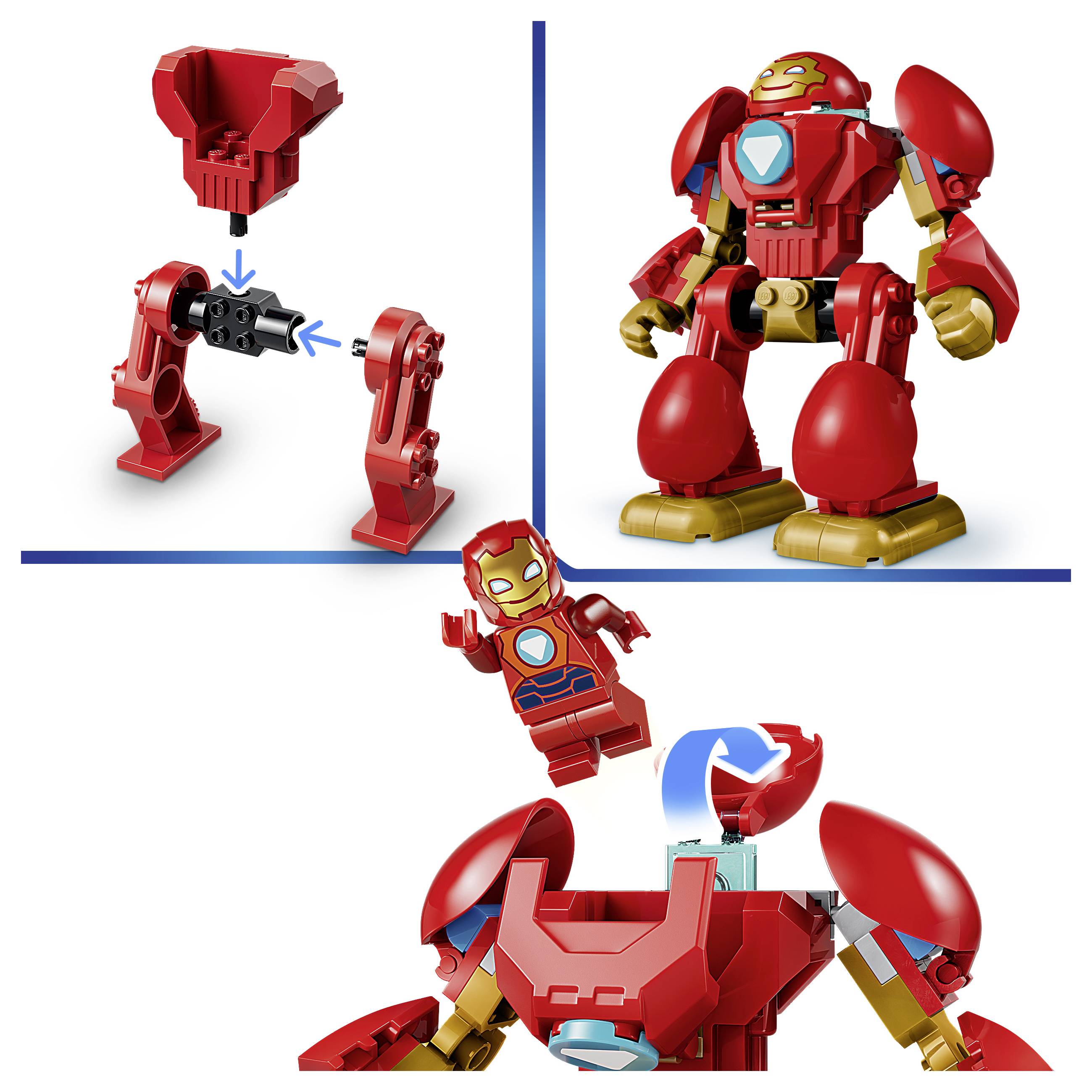 Instruktážní grafika znázorňující červeného robotického hračku skládaného z jednotlivých dílů, poté hotového robota a horní otevírací truhlici odhalující minifigurku uvnitř.