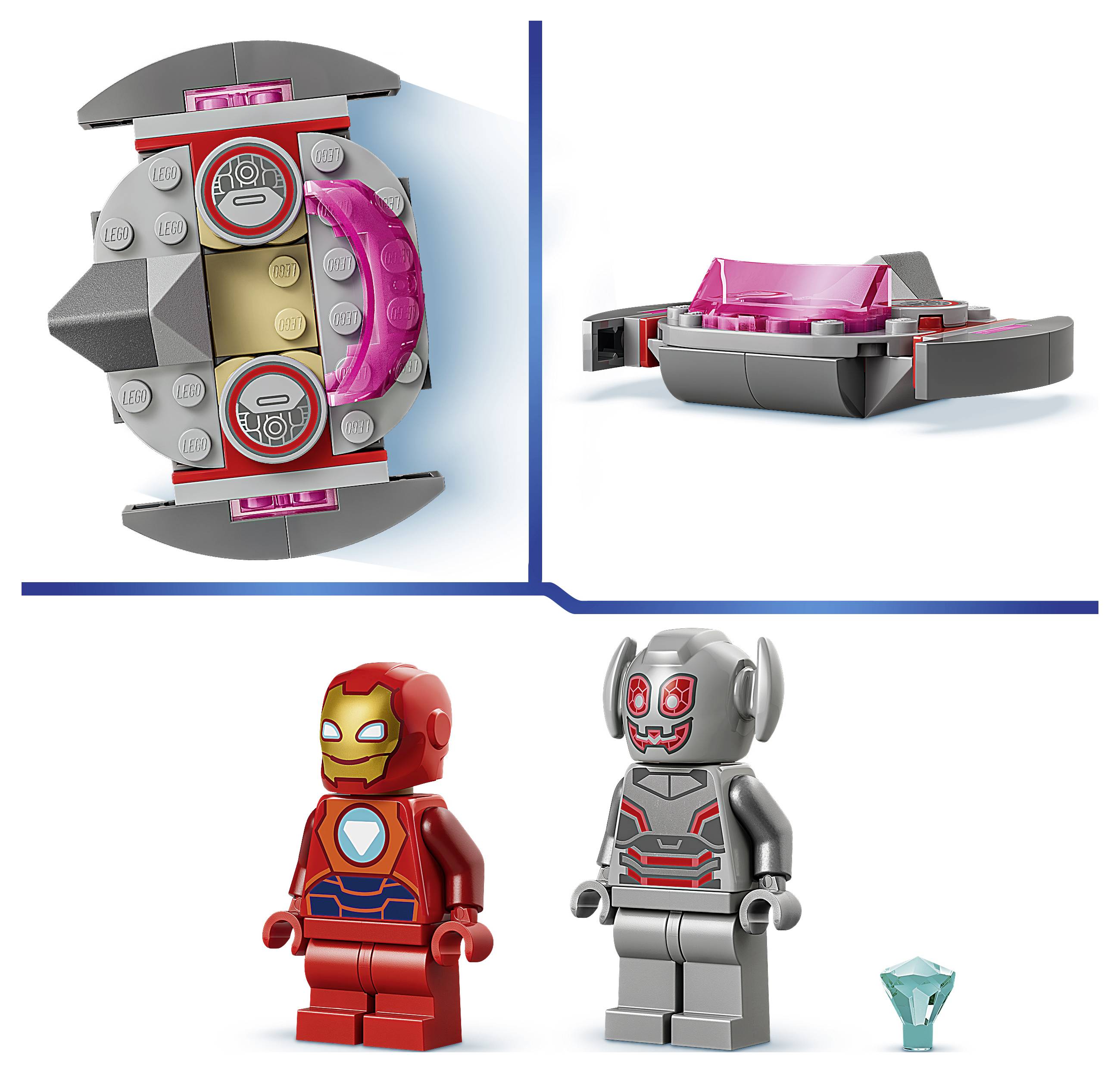 LEGO sada zobrazující šedozrůžové kruhové zařízení a jeho boční pohled, plus dvě minifigurky: Iron Man v červené barvě a šedého robota, s malým modrým kouskem drahokamu.