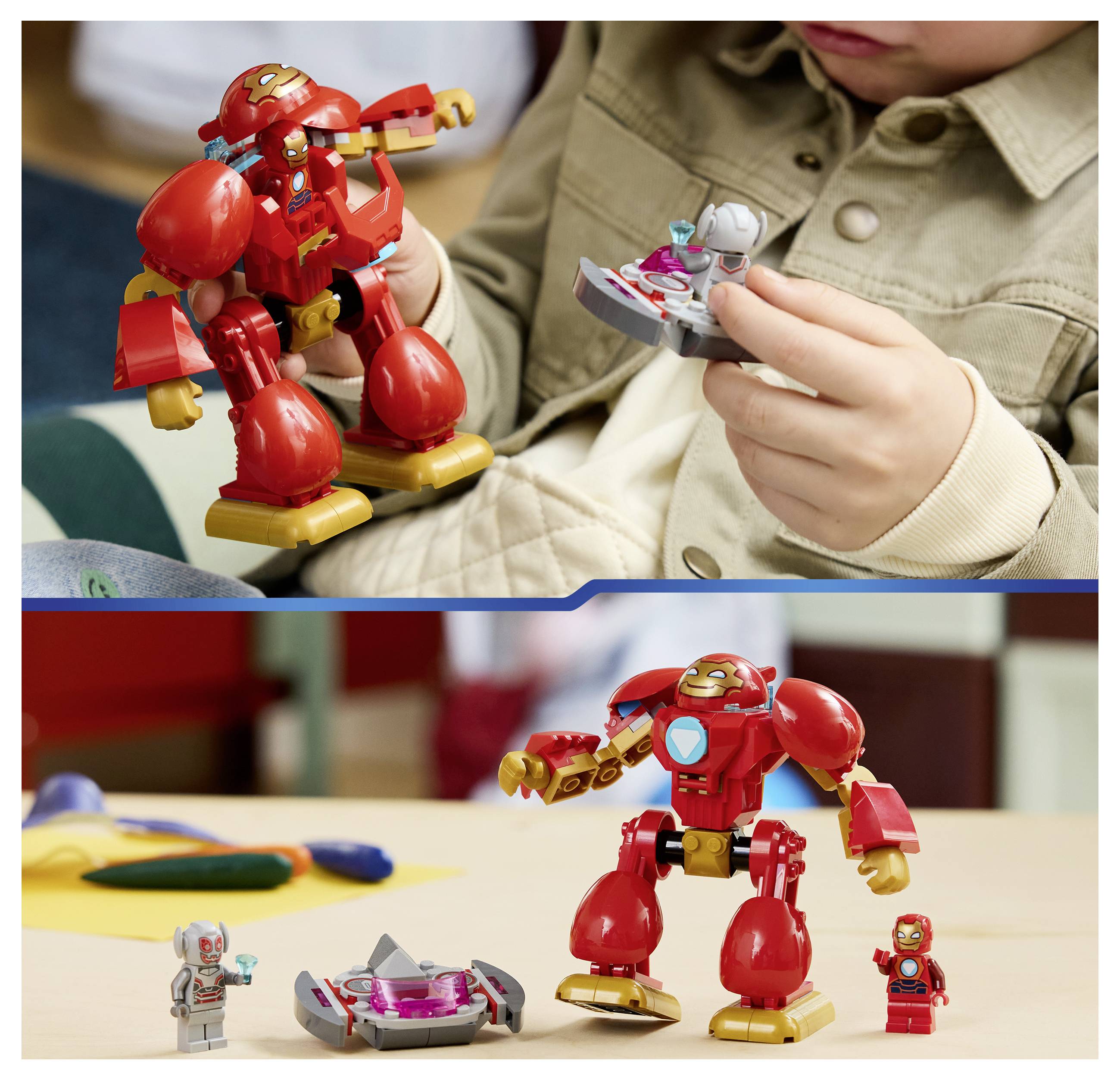 Dítě si hraje s červeným hračkou superhrdiny robota a malou šedou figurkou; níže, sestavený robot stojí se dvěma menšími figurkami a podstavcem na stole.