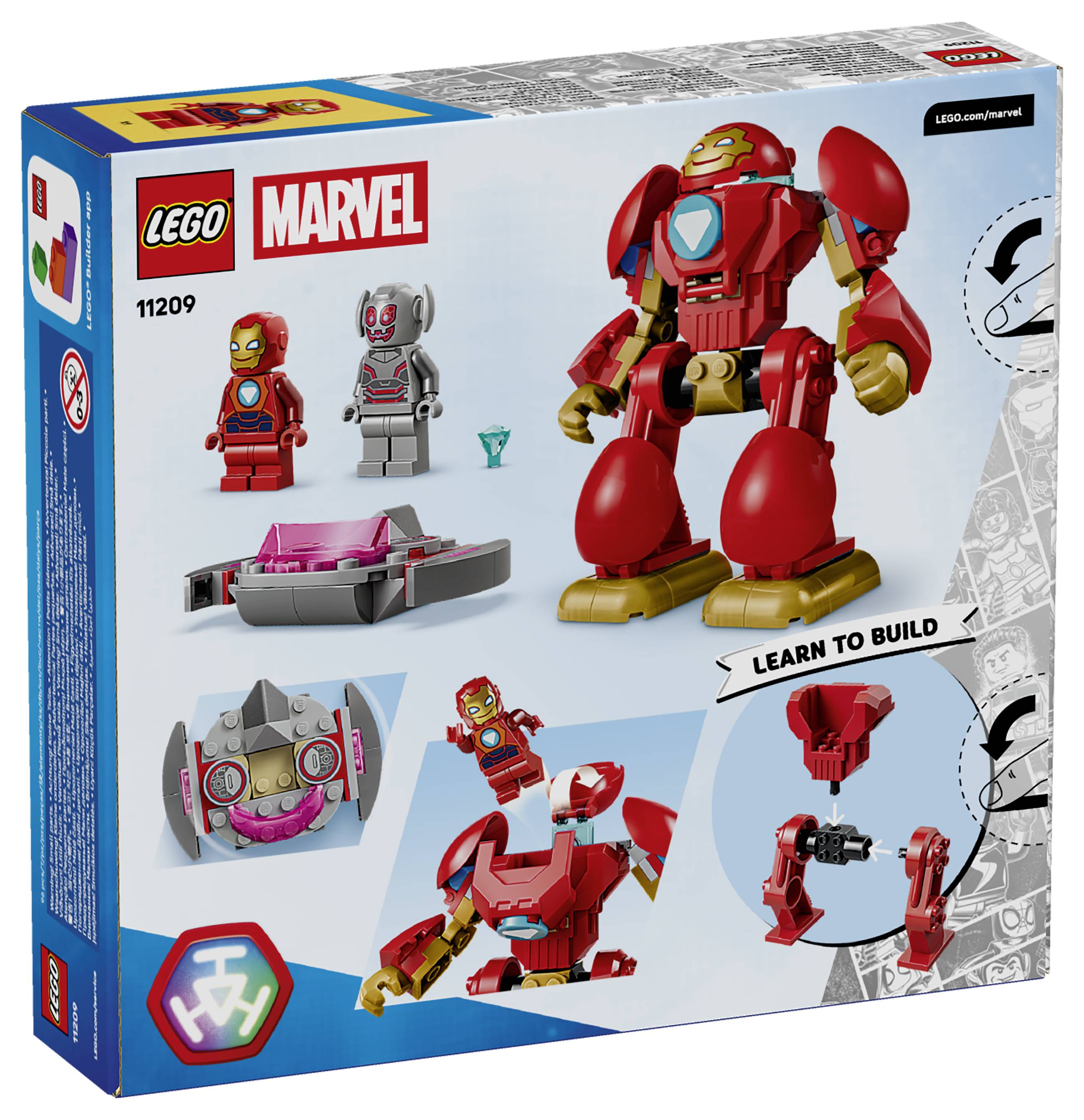 LEGO Marvel "Iron Man a železná legenda vs. Hydra voják" stavebnice, zobrazující mechanickou jednotku železné legendy, Iron Mana, Hydra vojáka a kroky stavby/vložené modely.