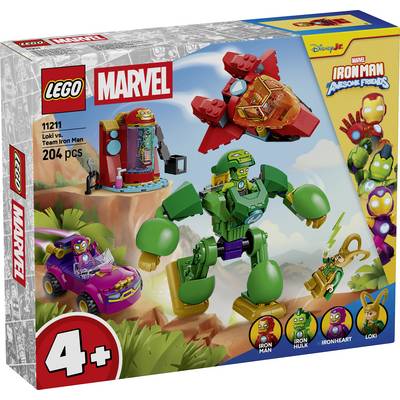 Krabice sady LEGO Marvel 4+ "Iron Man a jeho úžasní přátelé", zobrazující stavoitele Iron Mana, Iron Hulka, Ironheart a figurky Lokiho.