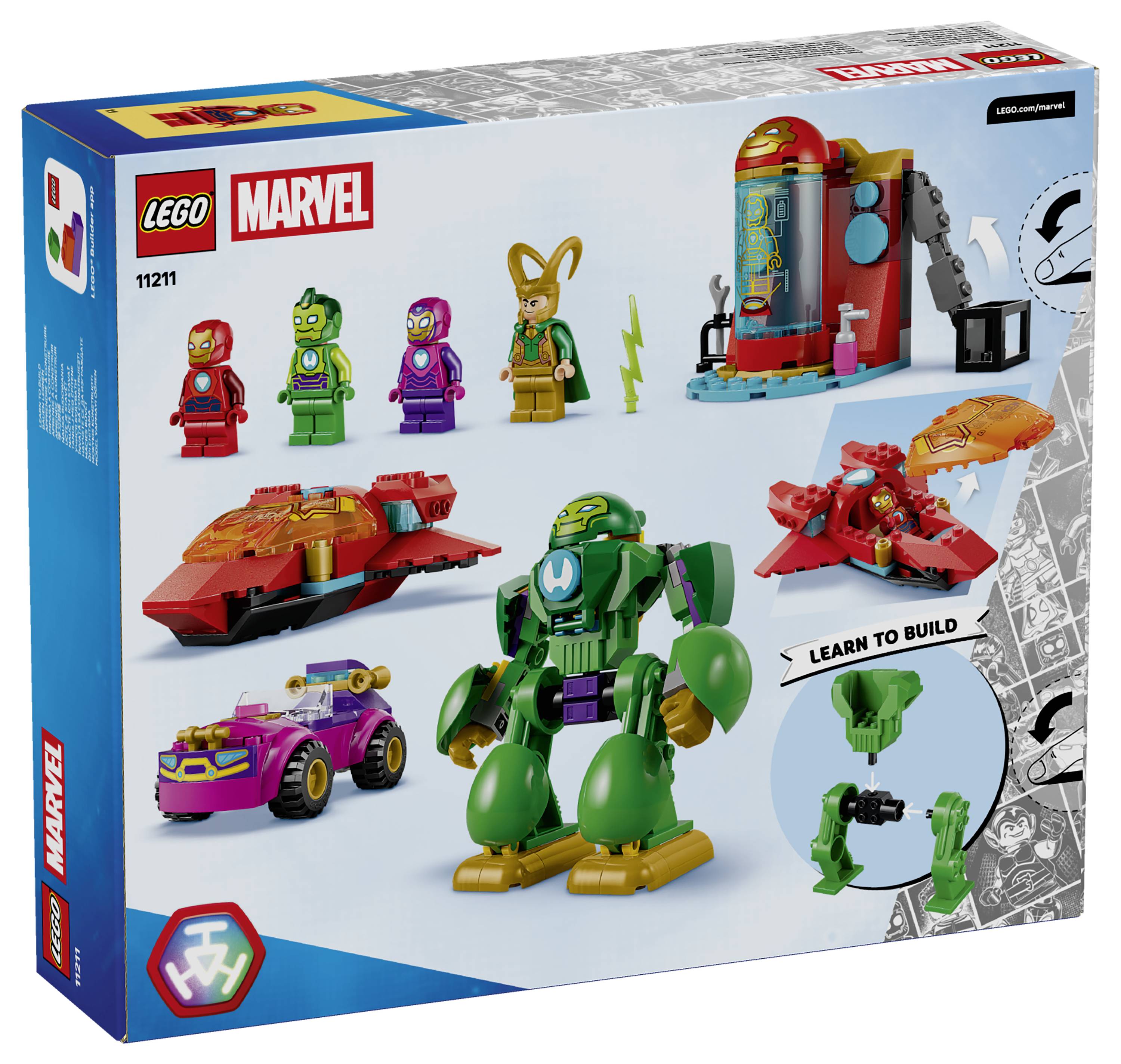 LEGO Marvel obálka sady s minifigurkami a stavitelnými vozidly s motivem mimozemšťanů, zelený mech a vložené pokyny "NAUČTE SE STAVĚT".