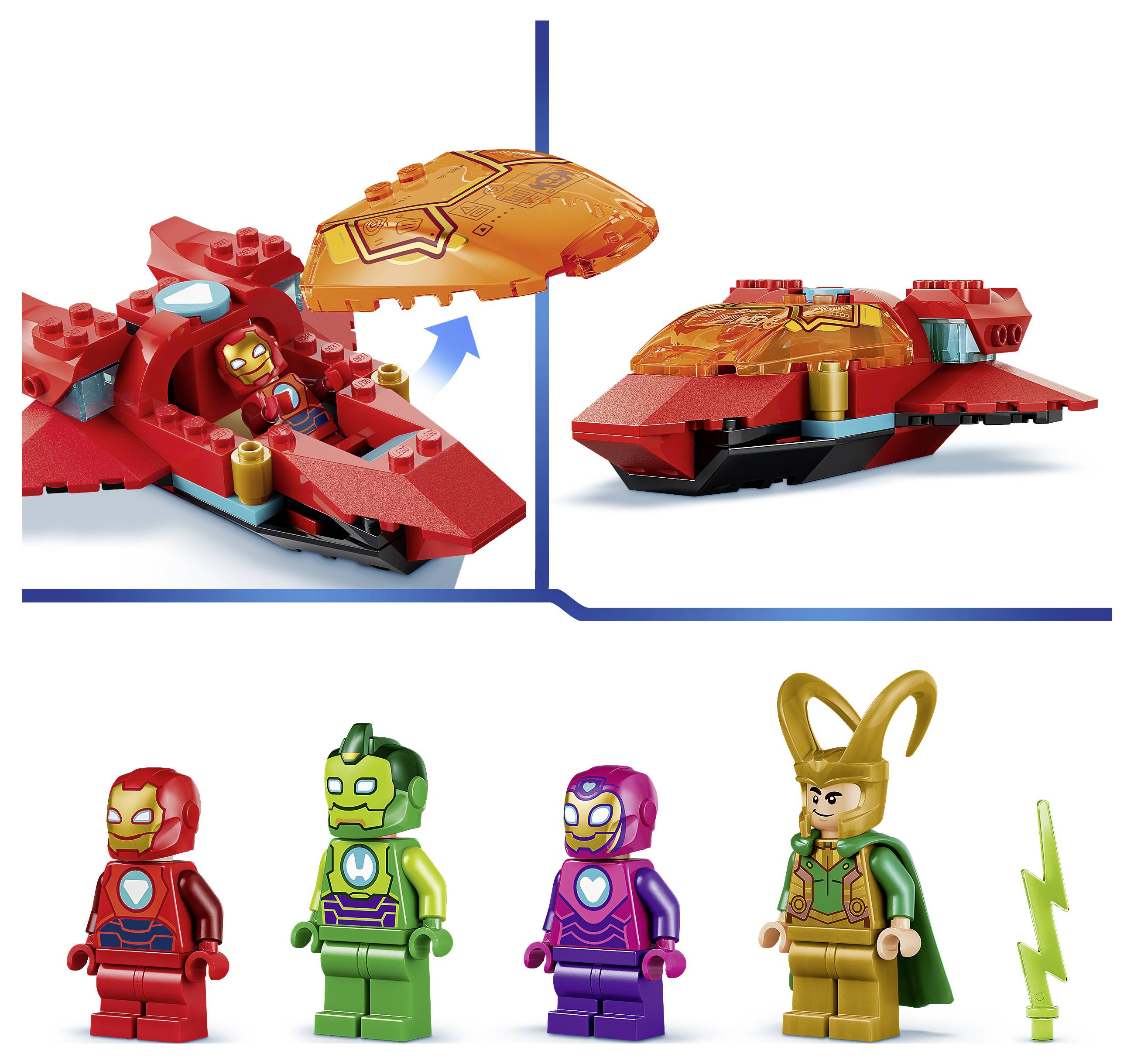 Sada LEGO zobrazující červenou vesmírnou loď transformující se přidáním oranžové kabiny, plus čtyři minifigurky a zelený příslušenství s bleskem.