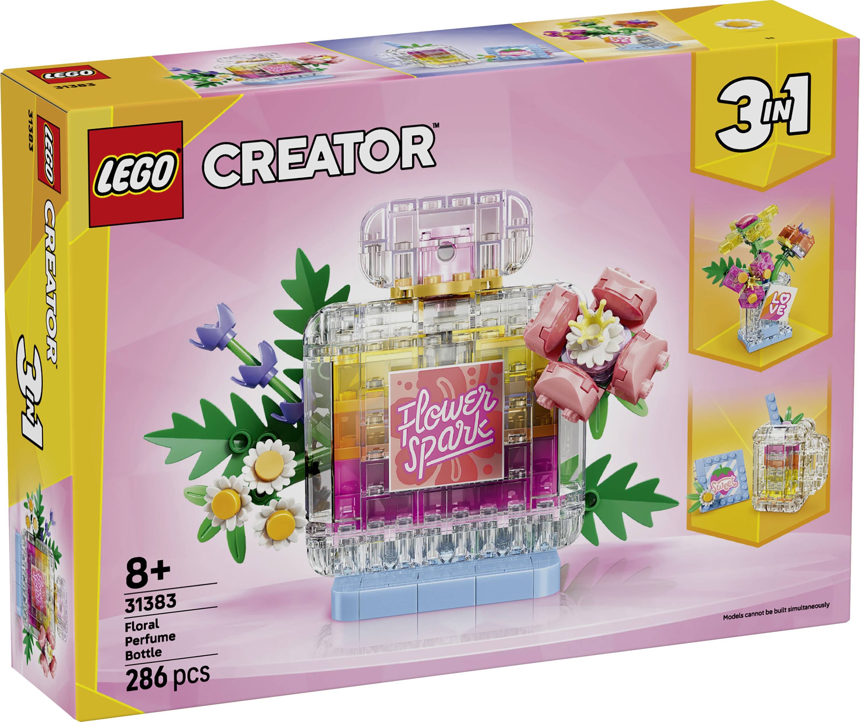 LEGO Creator 3v1 sada Květinová kytice s lahvičkou parfému na krabici, zobrazující růžovou a čirů lahvičku s květinami a štítkem "Flower Spa"; 286 dílků, od 8 let.