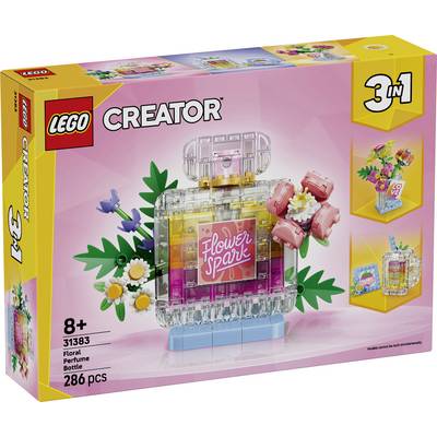 LEGO Creator 3v1 sada Květinová kytice s lahvičkou parfému na krabici, zobrazující růžovou a čirů lahvičku s květinami a štítkem "Flower Spa"; 286 dílků, od 8 let.