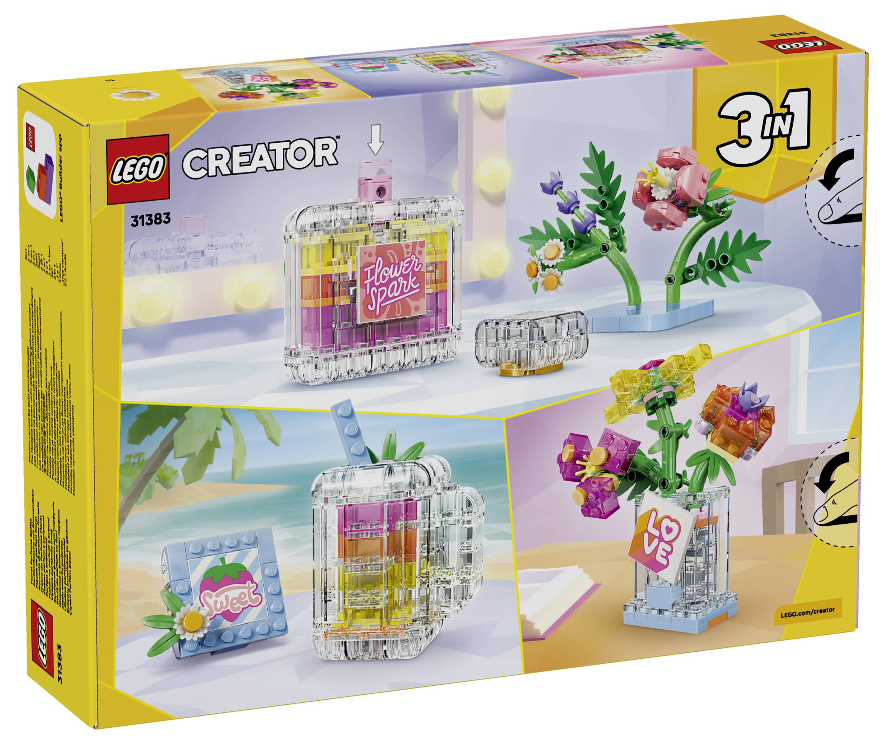 Krabice LEGO zobrazující dva stavovatelnné květinové modely v průhledných vázích podobných podstavcích: růžový lotos a bílo-zelený květ, s menšími obrázky produktu na přední straně.
