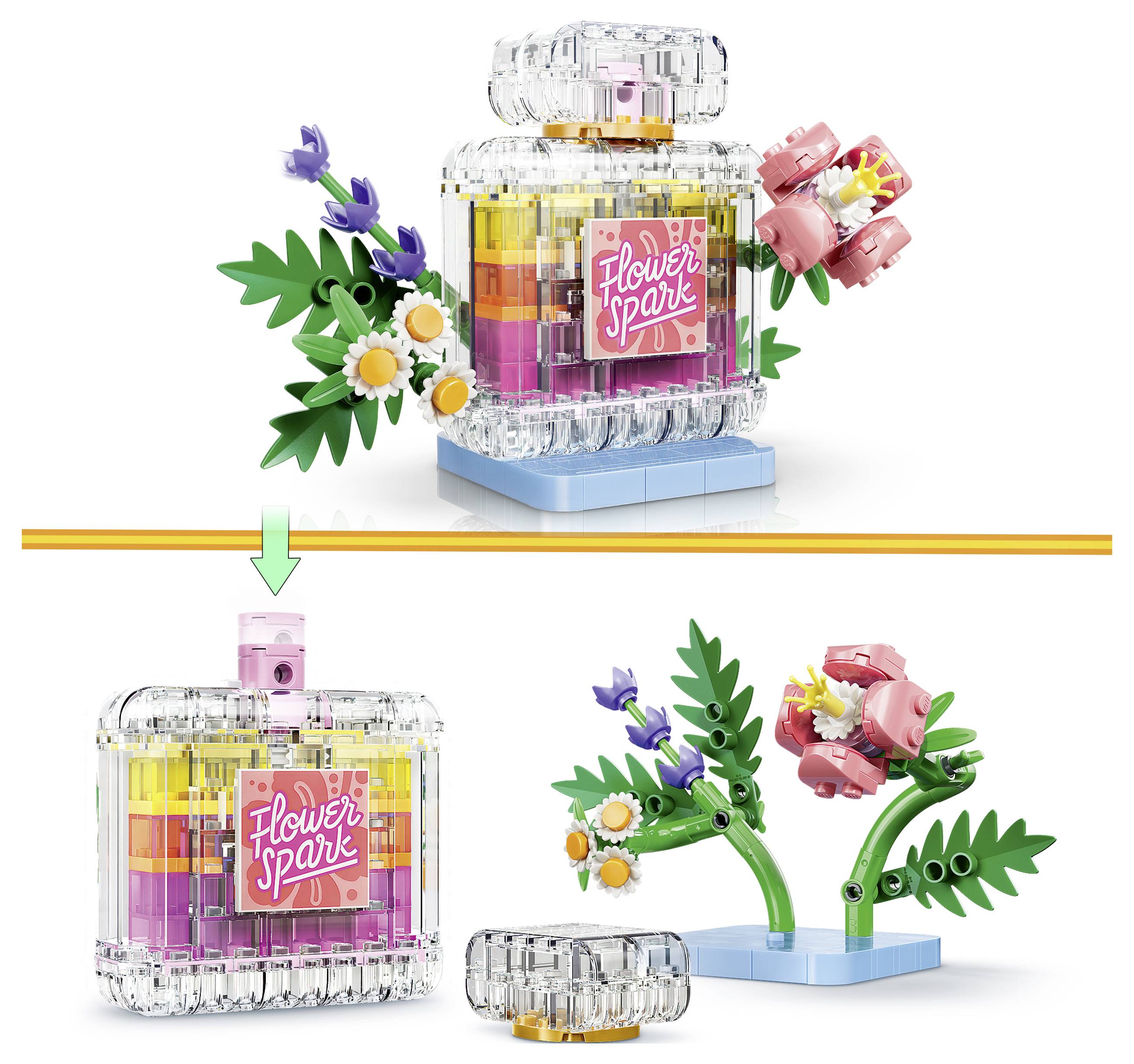 Hračka lahvička na parfém 'Flower Spark' s vyměnitelnými květinami ve stylu LEGO; horní část ukazuje smontovanou lahvičku a dolní část ukazuje části připravené k postavení.