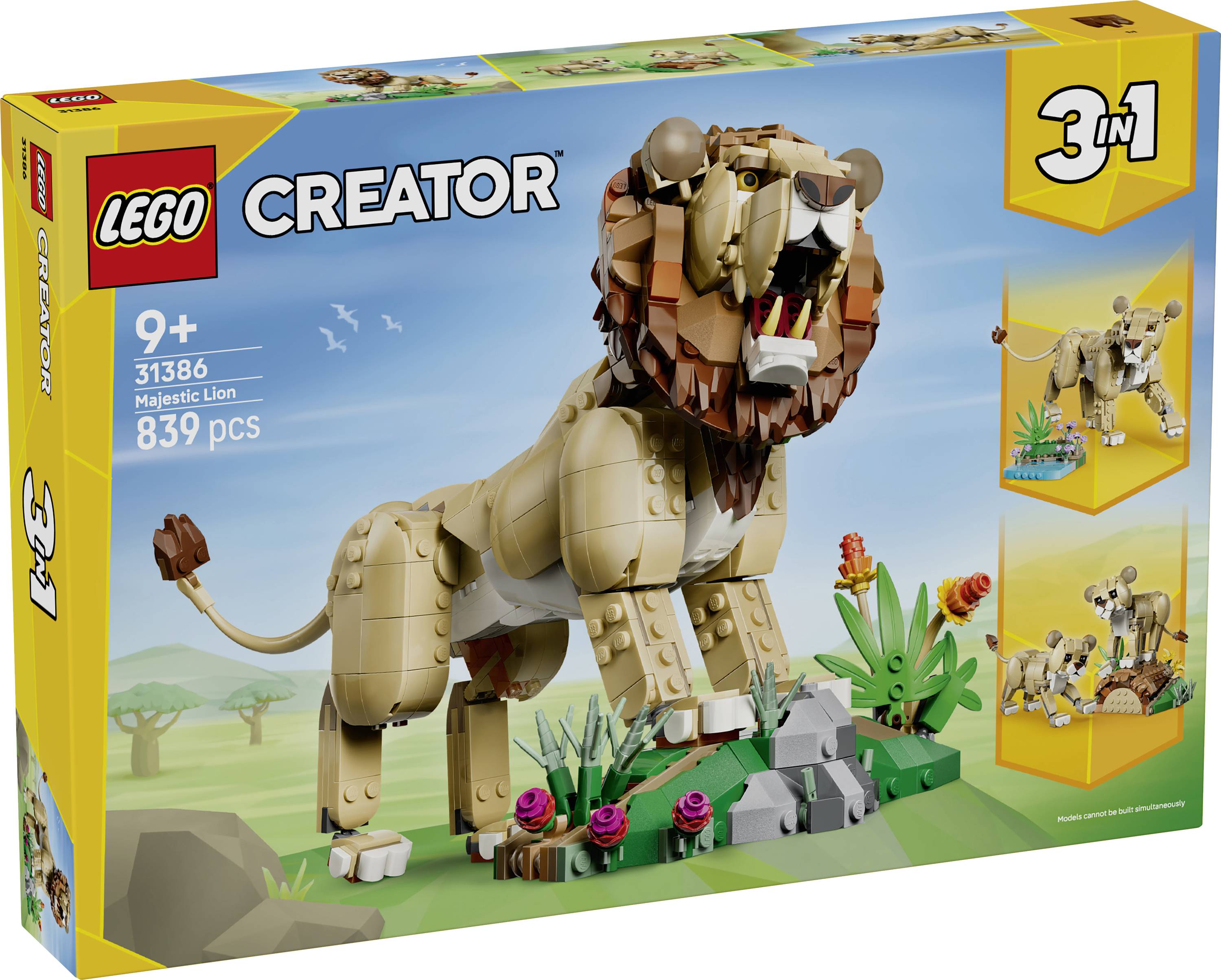 LEGO Creator 3v1 Majestic Lion stavební sada v krabici, věk 9+, 31386, 839 dílů, zobrazující model řvoucího lva se zapusteným alternativním stavbami.