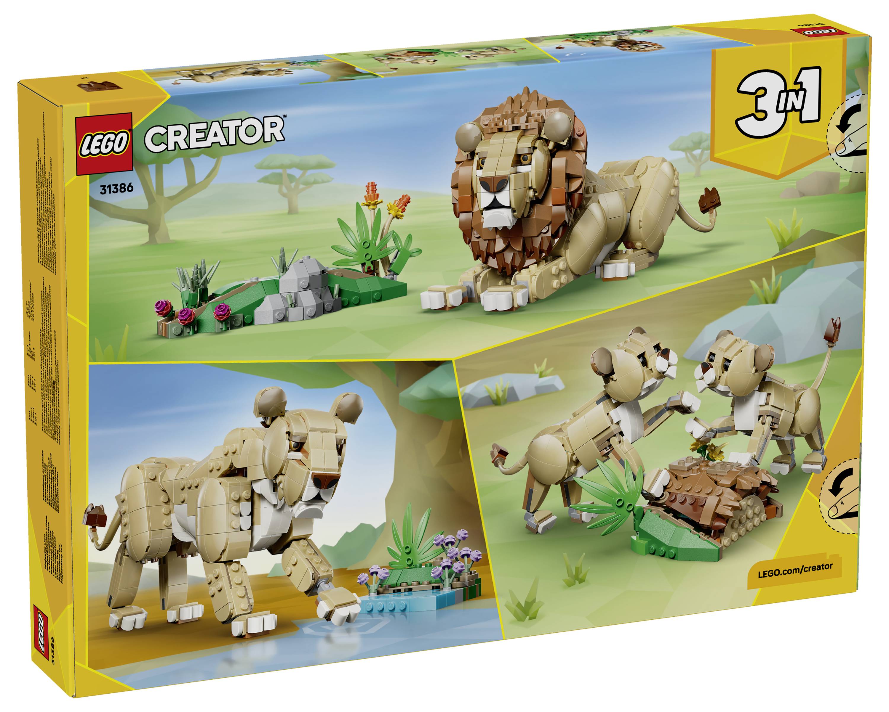 LEGO Creator 3v1 sada pro stavění s lvem zobrazující lva, lvici a pštrosce na savanně s příslušenstvím.
