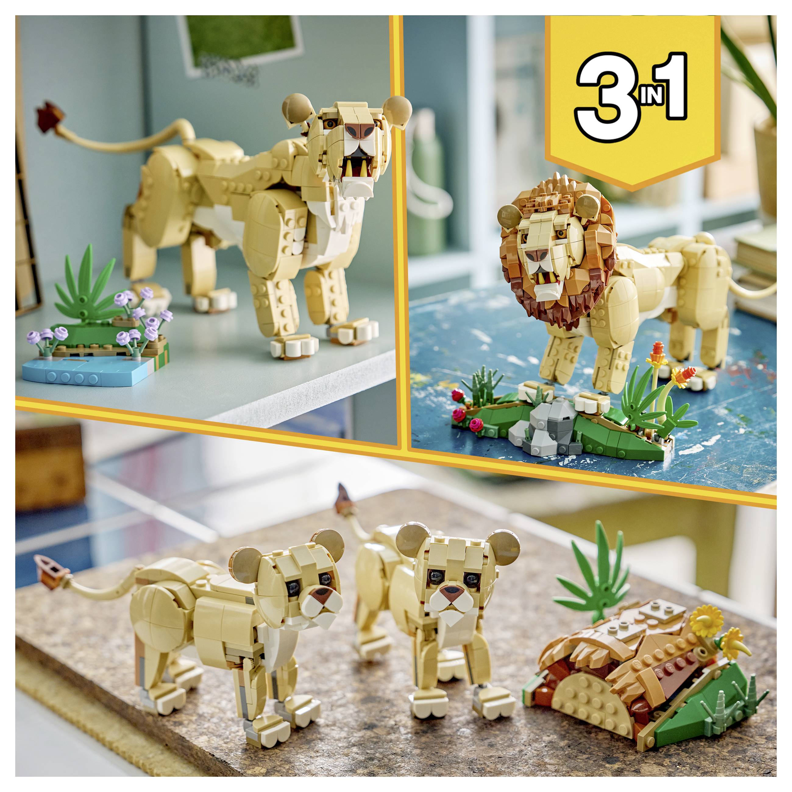 Koláž 3v1 stavby LEGO stylu lva zobrazená jako lev, lvice a dvě mláďata s malými scénami savany.