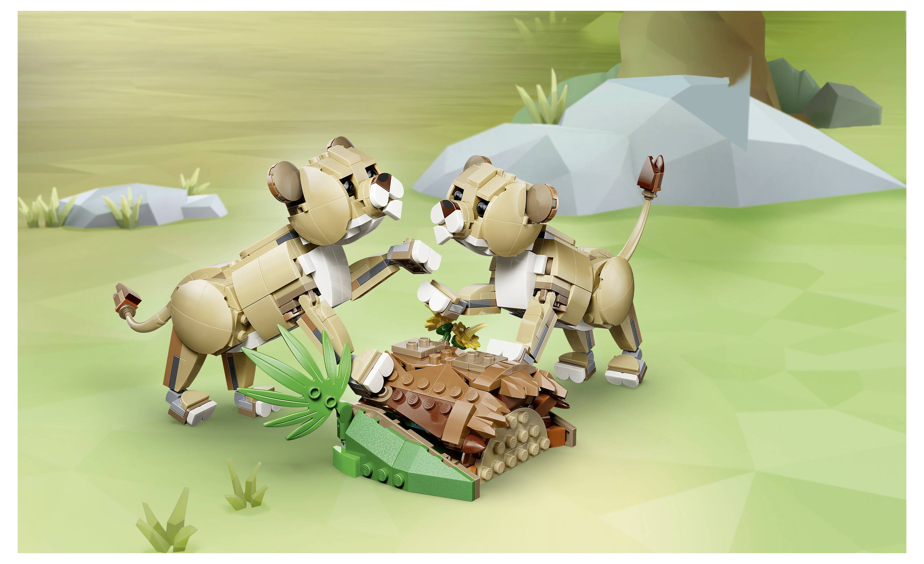Muž budující barevnou scénu s houbami a lesem z LEGO za stolem, opatrně umisťující díl na model.