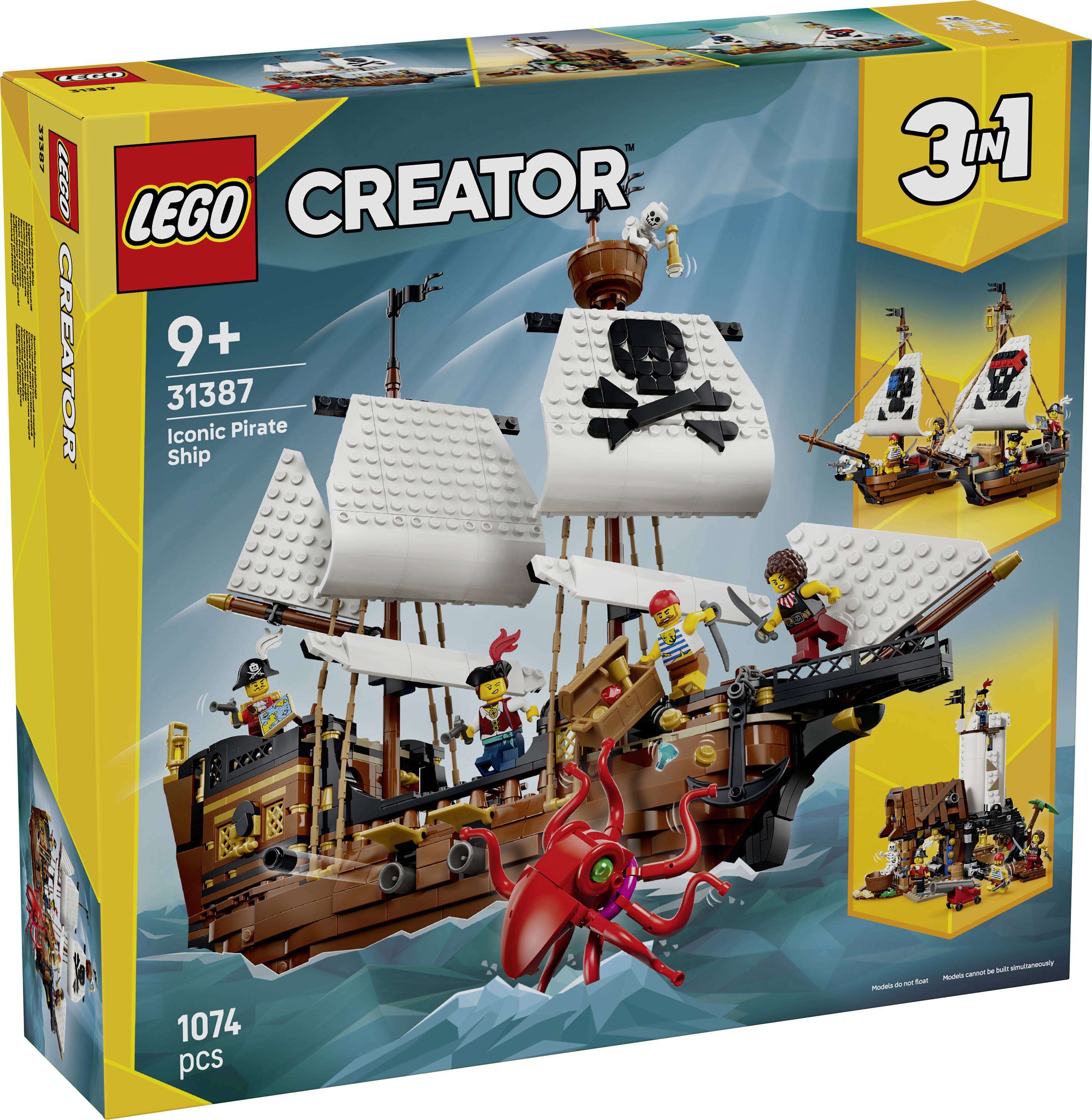 LEGO Creator 3v1 'Ikonická pirátská loď' - sada s obalem zobrazující pirátskou loď s minifigurkami, mořským tvorem a alternativními stavbami.