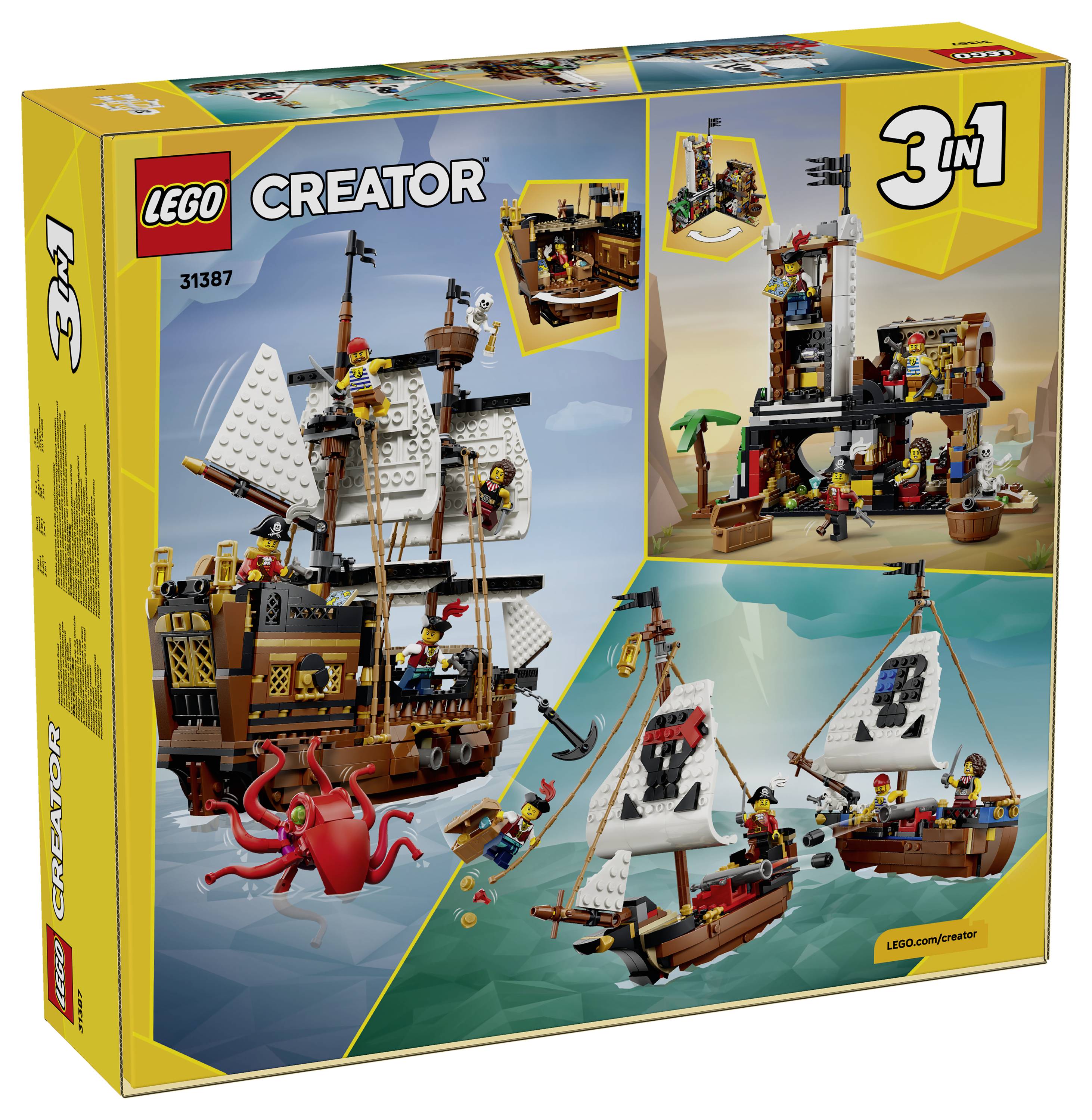LEGO Creator 3 v 1 pirátská loď - krabice sady zobrazující tři možnosti stavby: velkou pirátskou loď, scénu s pirátskou hospodou a dvě menší plachetnice.