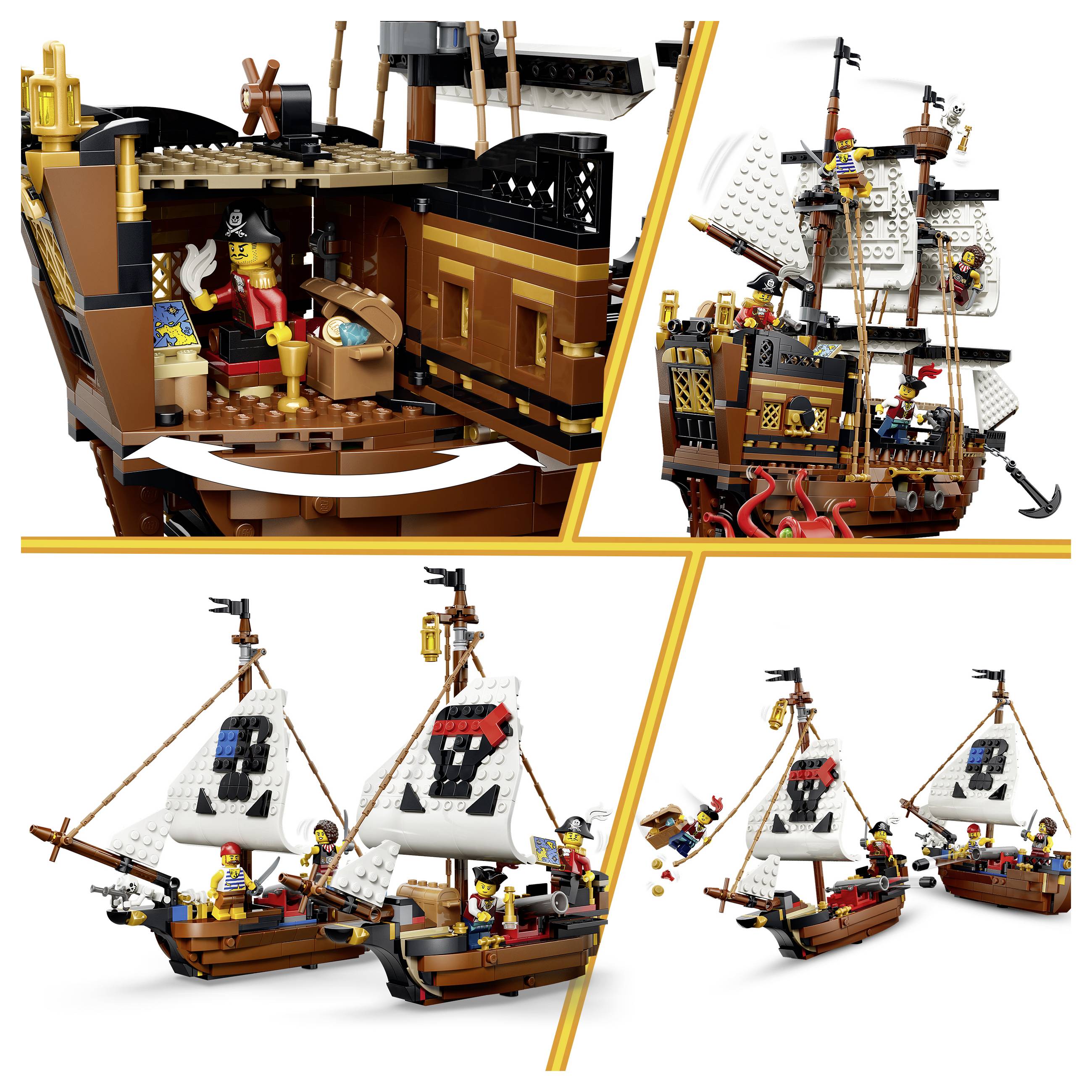 Sada pirátské lodi LEGO zobrazená z více pohledů, včetně interiéru kajuty a plachetnice s minifigurkami, plachtami, děly a příslušenstvím.
