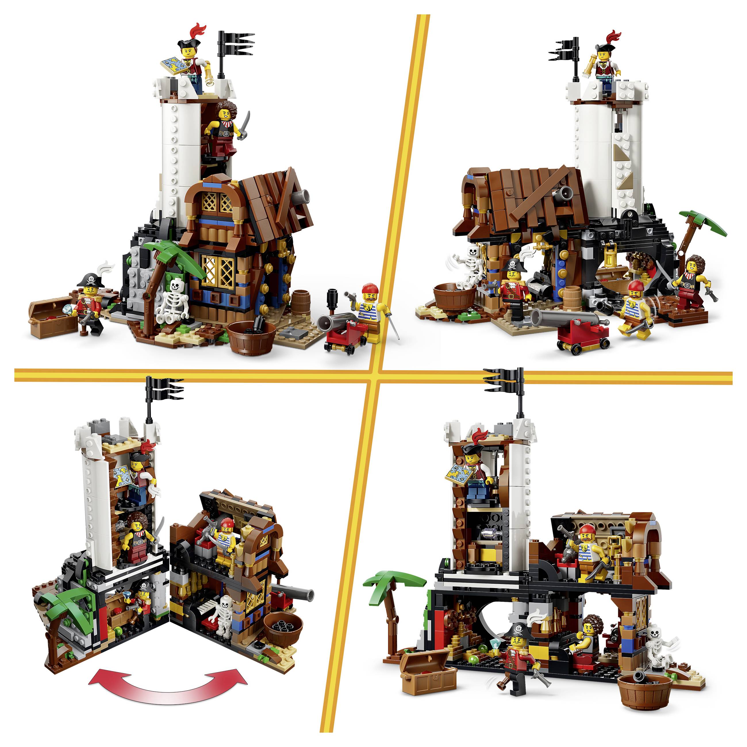 Čtyři pohledy na sadu LEGO pirátské pevnosti, které ukazují model z různých úhlů a otevřený interiér se minifigurkami, zbraněmi a příslušenstvím.