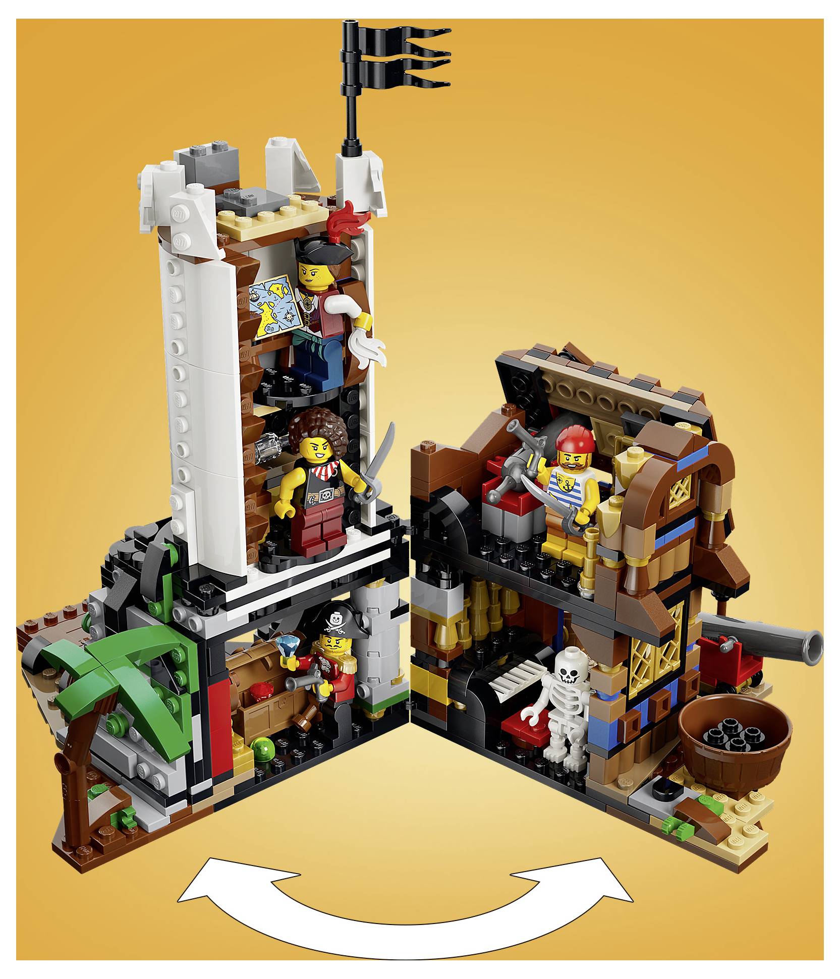 Otevřená sada LEGO pirátská pevnost s více minifigurkami, věžemi, přístavem, kostrou a kanónem; zobrazeno v rozloženém pohledu.