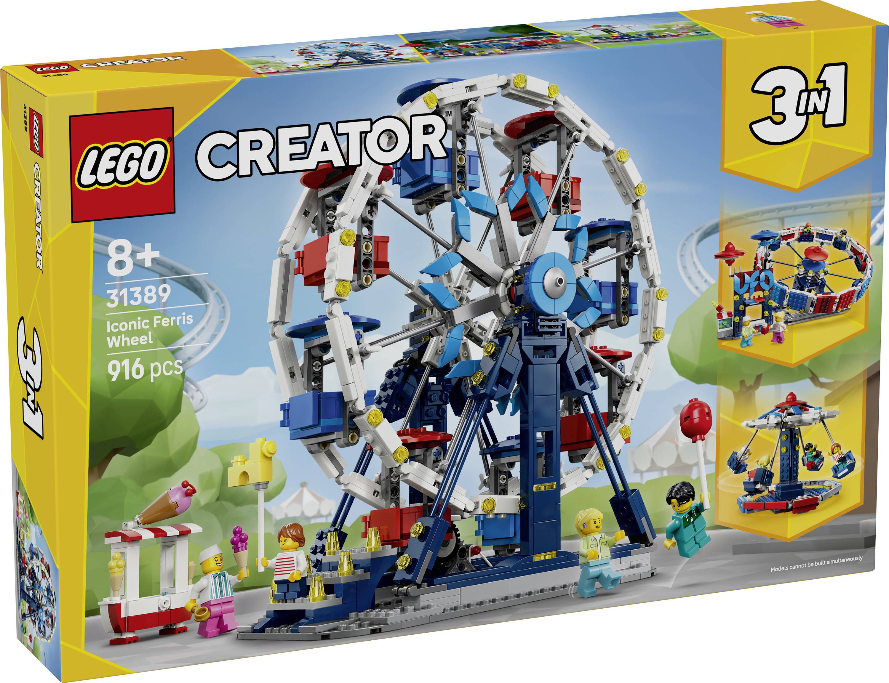 Sada LEGO Creator 3v1 Ruské kolo, krabice ukazující velké modro-bílé ruské kolo a malé figurky; věk 8+, 916 dílků, sada 31389.