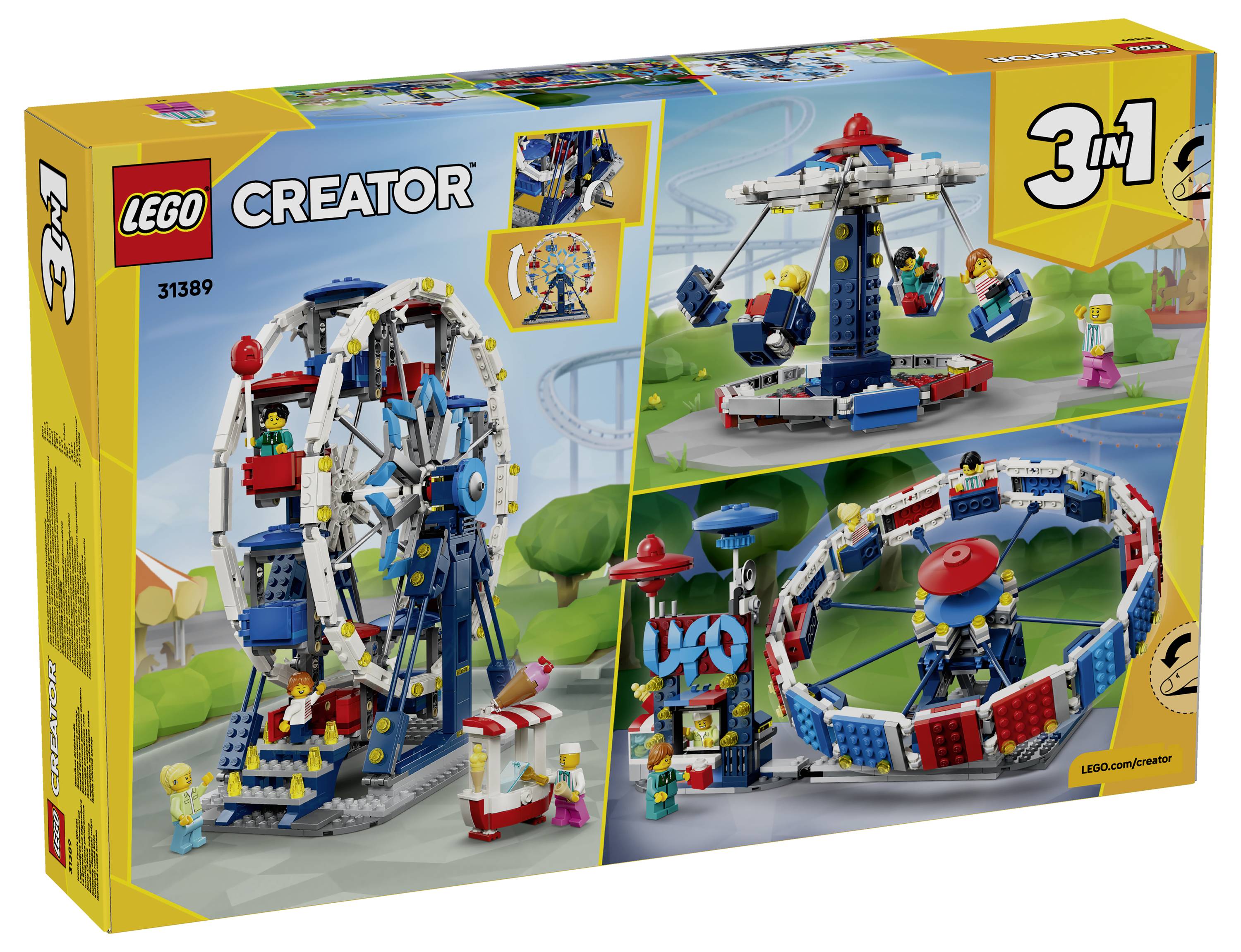 Sada LEGO Creator 3v1 s krabicí zobrazující alternativní stavby kolotoče, přívěsu na řetízkách a rotujícího zábavního parku.