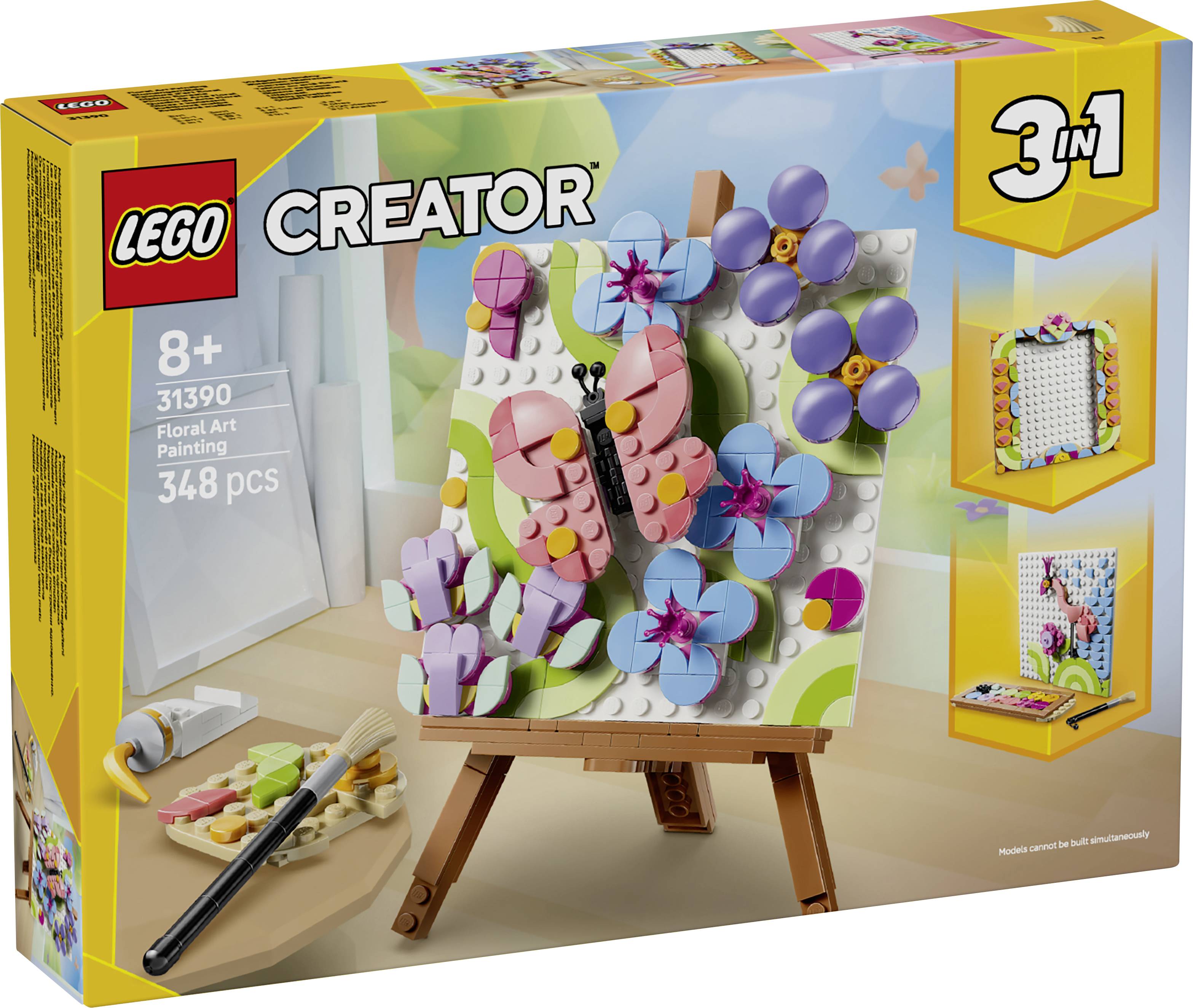 Sada LEGO Creator 3 v 1 Květinové umění malování, krabice zobrazující mozaiku s motýlem a květinami na stojanu se 348 kusy pro věk 8+.