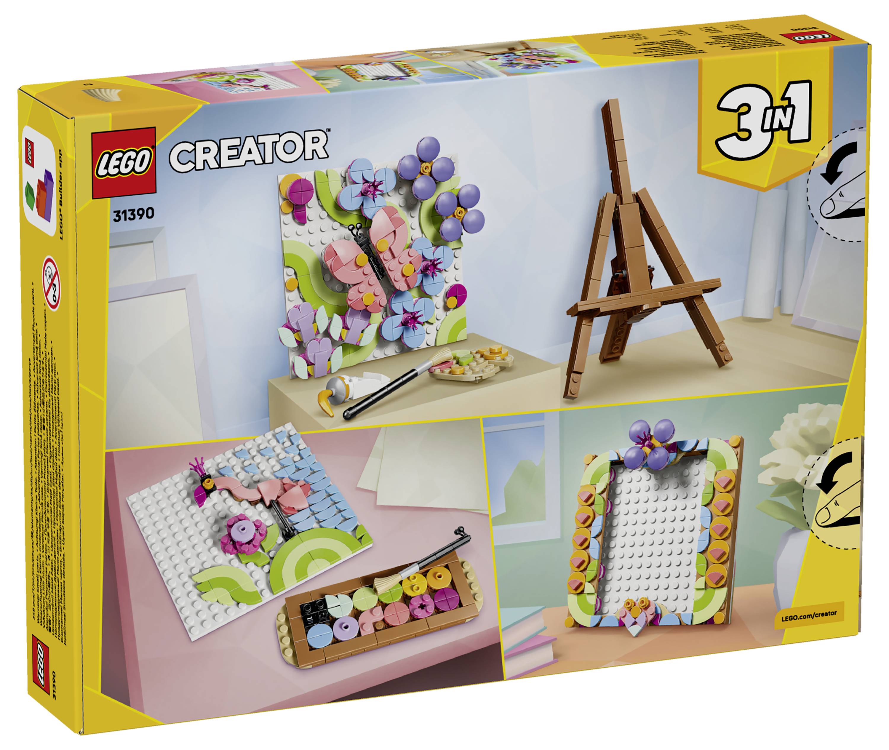 LEGO Creator 3v1 sada 31390 na krabici zobrazující stavbu květinové nástěnné umění, stojan na malby a dva alternativní květinové motivy.