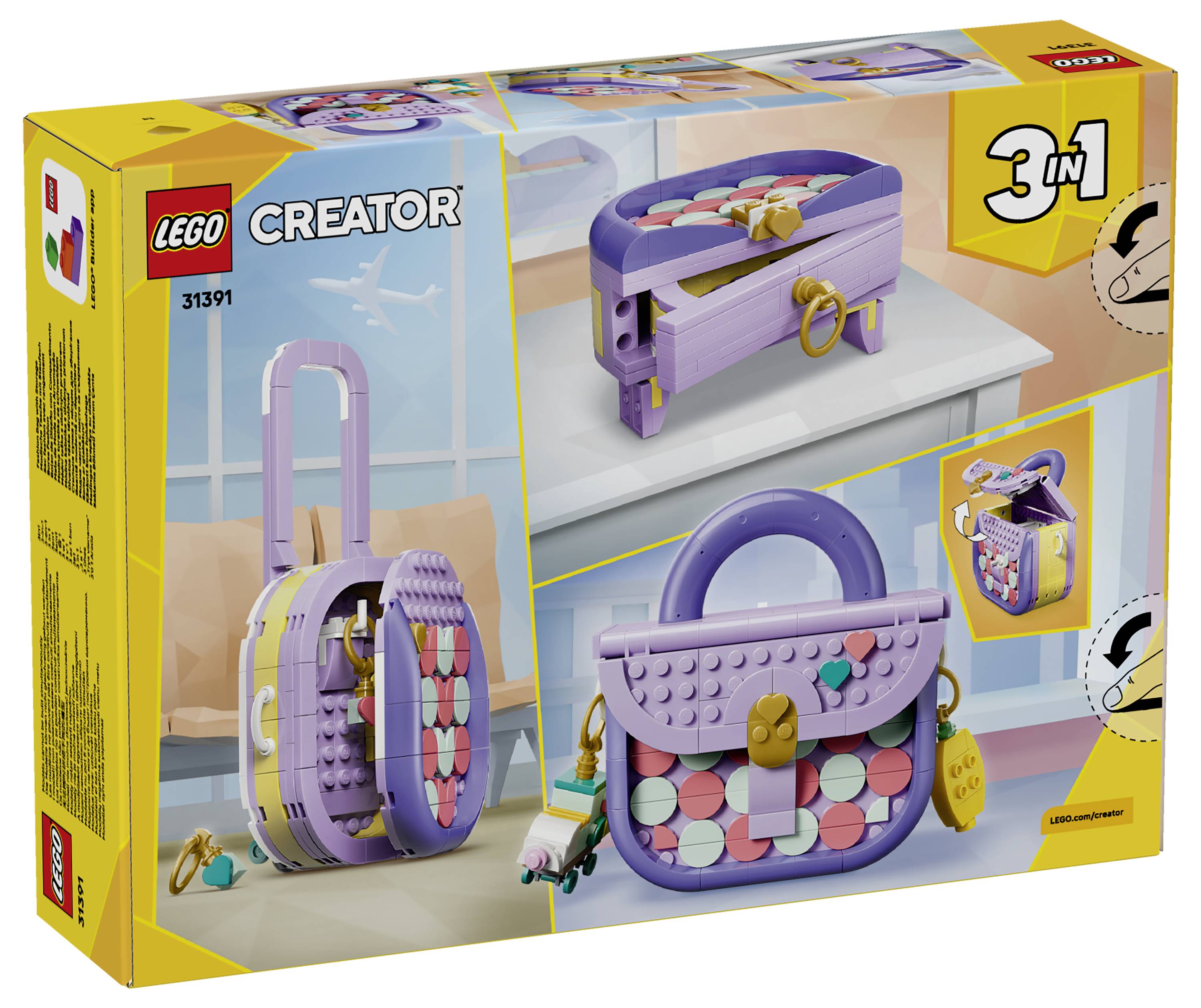 LEGO Creator 3-in-1 sada 31391 obal zobrazující fialovou kabelku, která se přestaví na šperkovnici a úložný box.