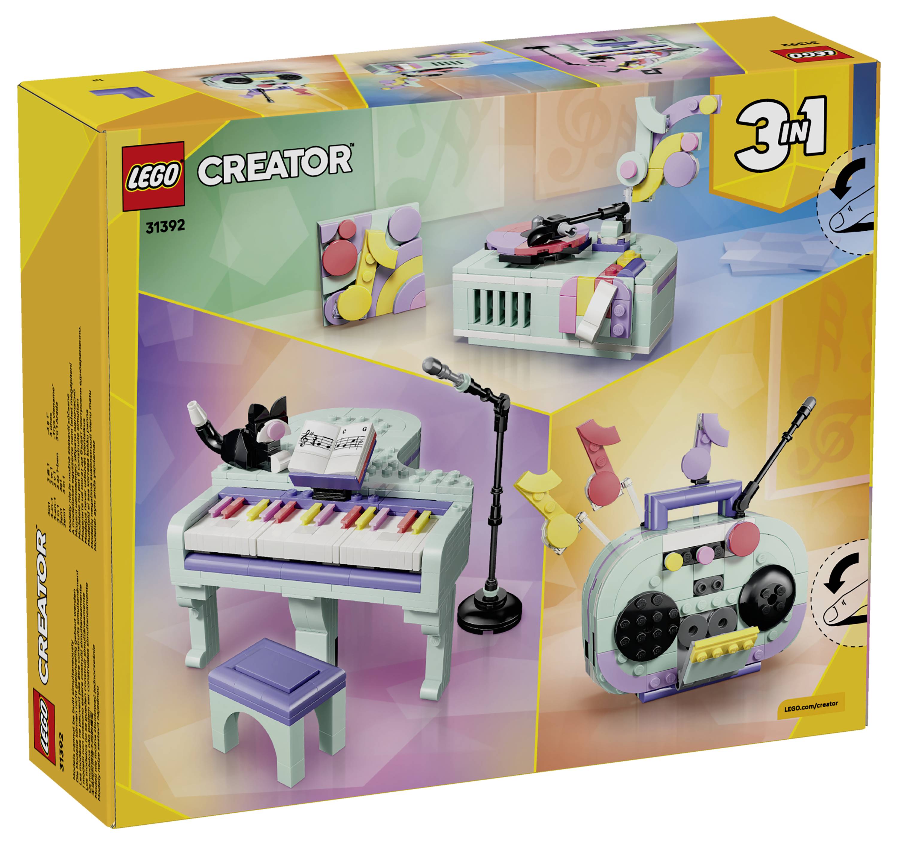 LEGO Creator 3v1 sada s krabicí zobrazující stavitelný pastelový klavír, který lze také přeměnit na gramofon nebo ghettoblaster.