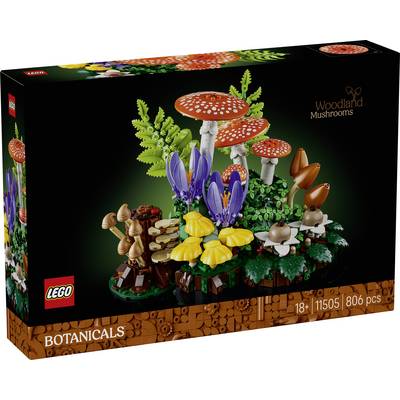Krabice sady LEGO Botanicals „Lesní houby" zobrazující stavbu 18+ barevných hub a rostlin, 806 dílů.