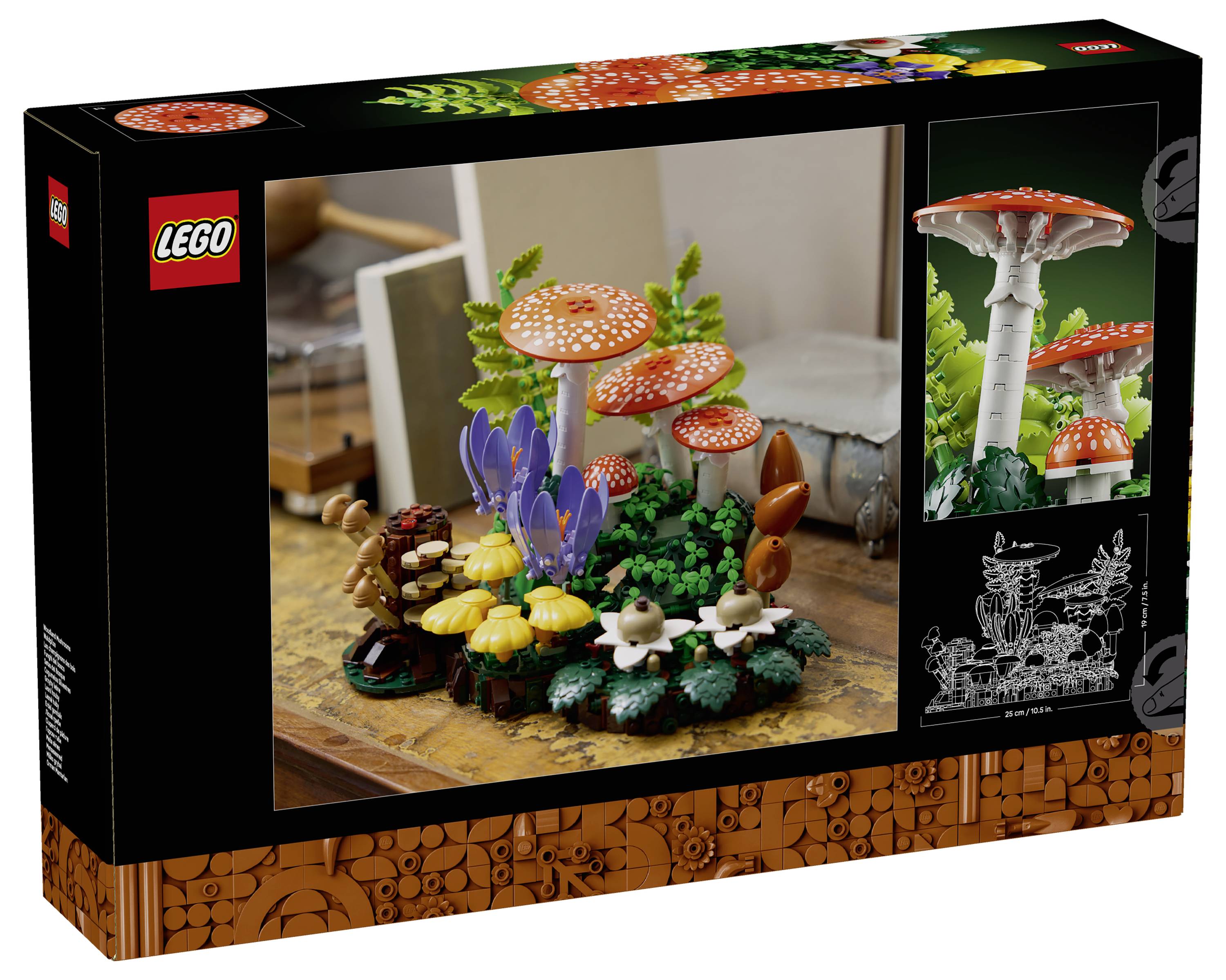 LEGO souprava na stavbu houbového lesa v krabici zobrazující barevnou miniaturní scénu s houbami s oranžovými kloboučky, květinami a malými figurkami.