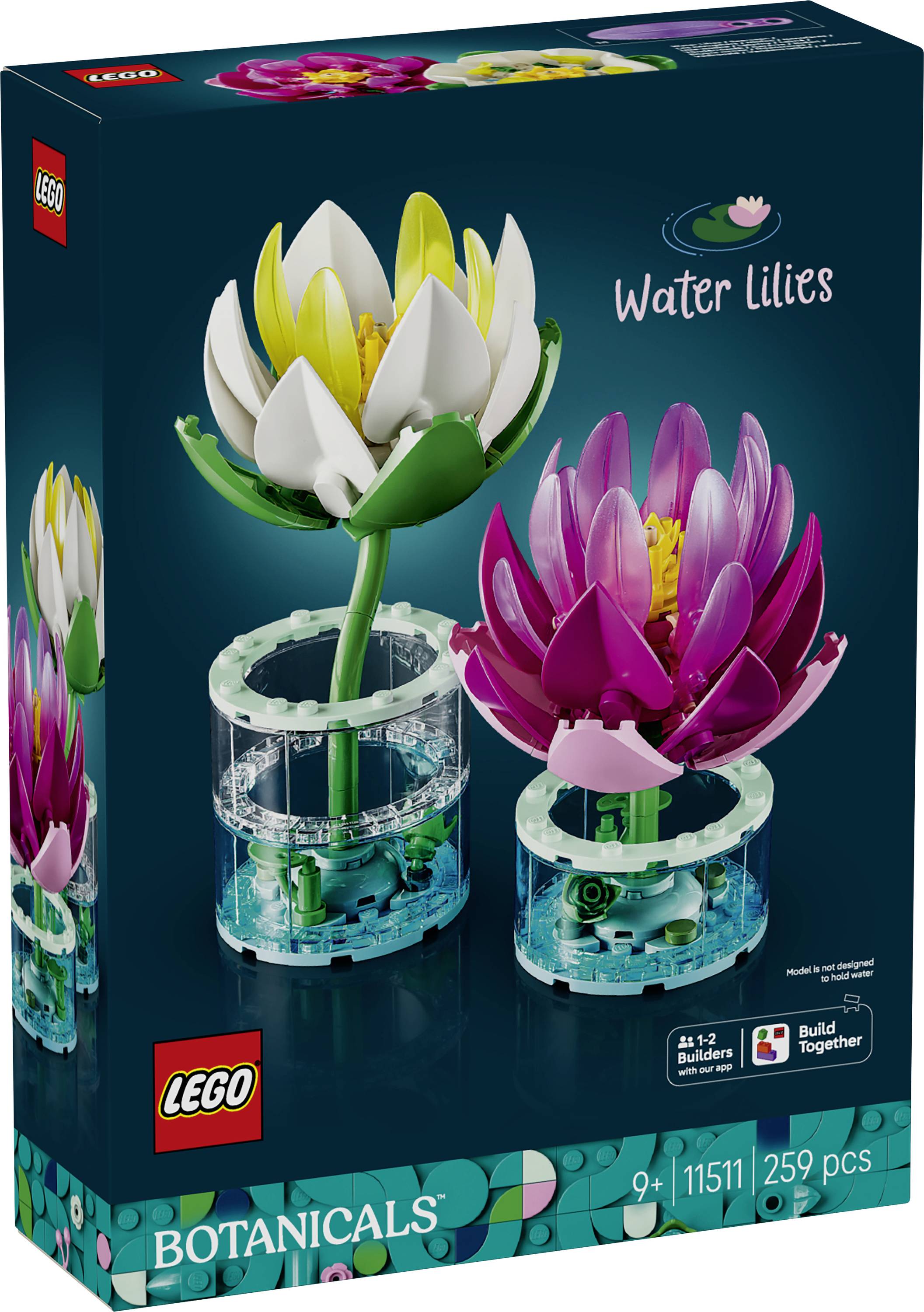 Sada LEGO Botanicals "Leknín" zobrazující na krabici dvě stavitelné květy leknínu, bílý a růžový, v čirých展示 stojanech; 259 dílků, věk 9+