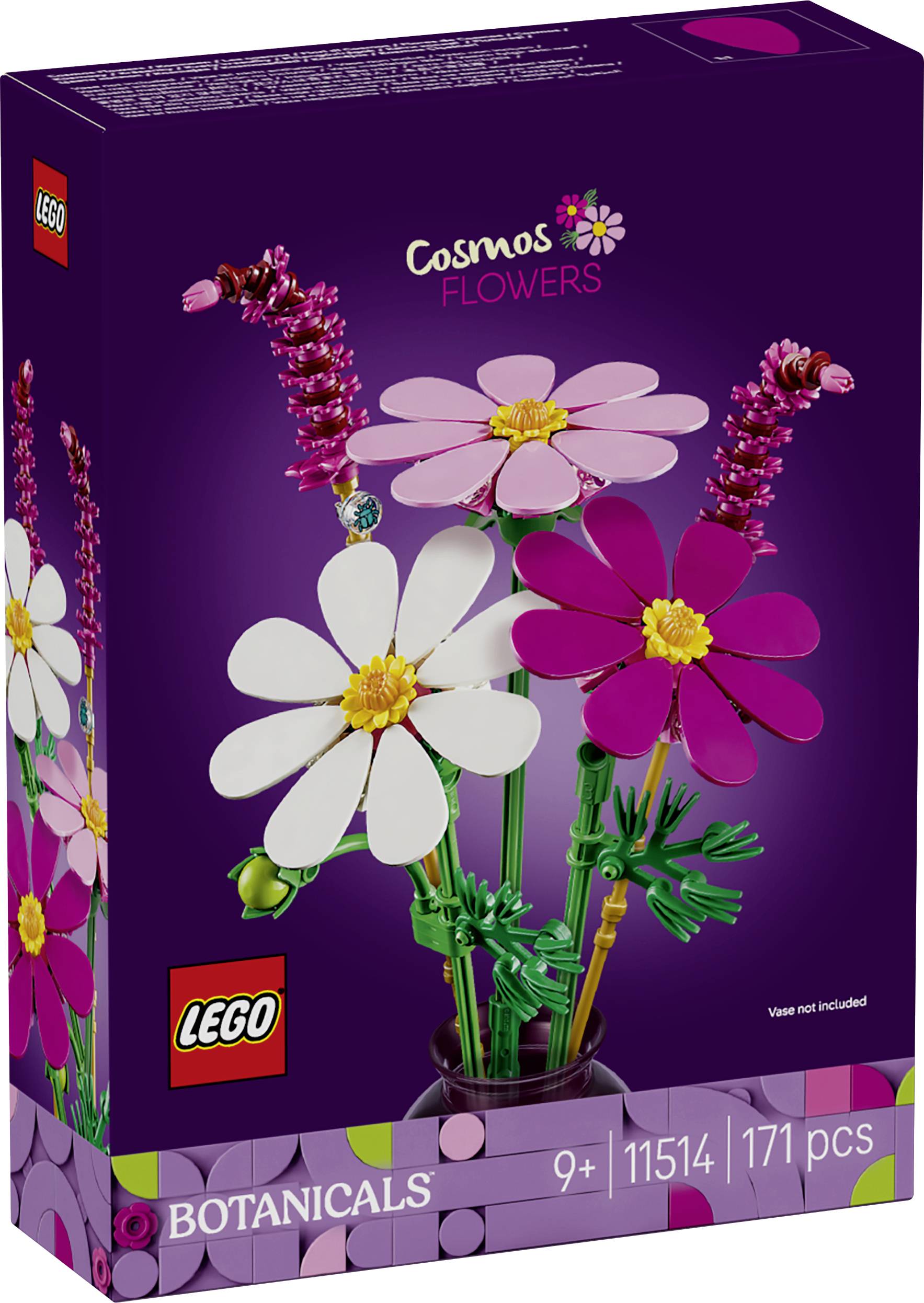 LEGO Botanicals Cosmos Flowers sada se schránkou zobrazující fialové balení se třemi stavitelnými květy kosmu ve váze, označeno 9+, 1154, 171 ks.