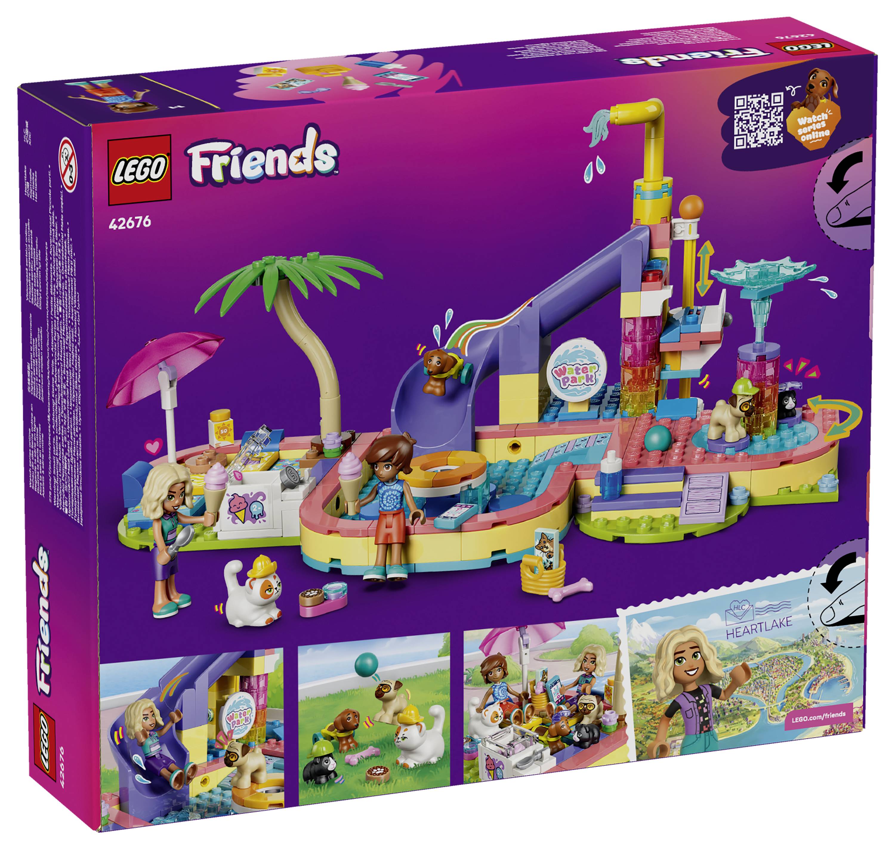 Sada LEGO Friends Heartlake vodní park s klouzačkou, bazénem, minipanenko a barevnými prvky se stříkající vodou, sada č. 42676.