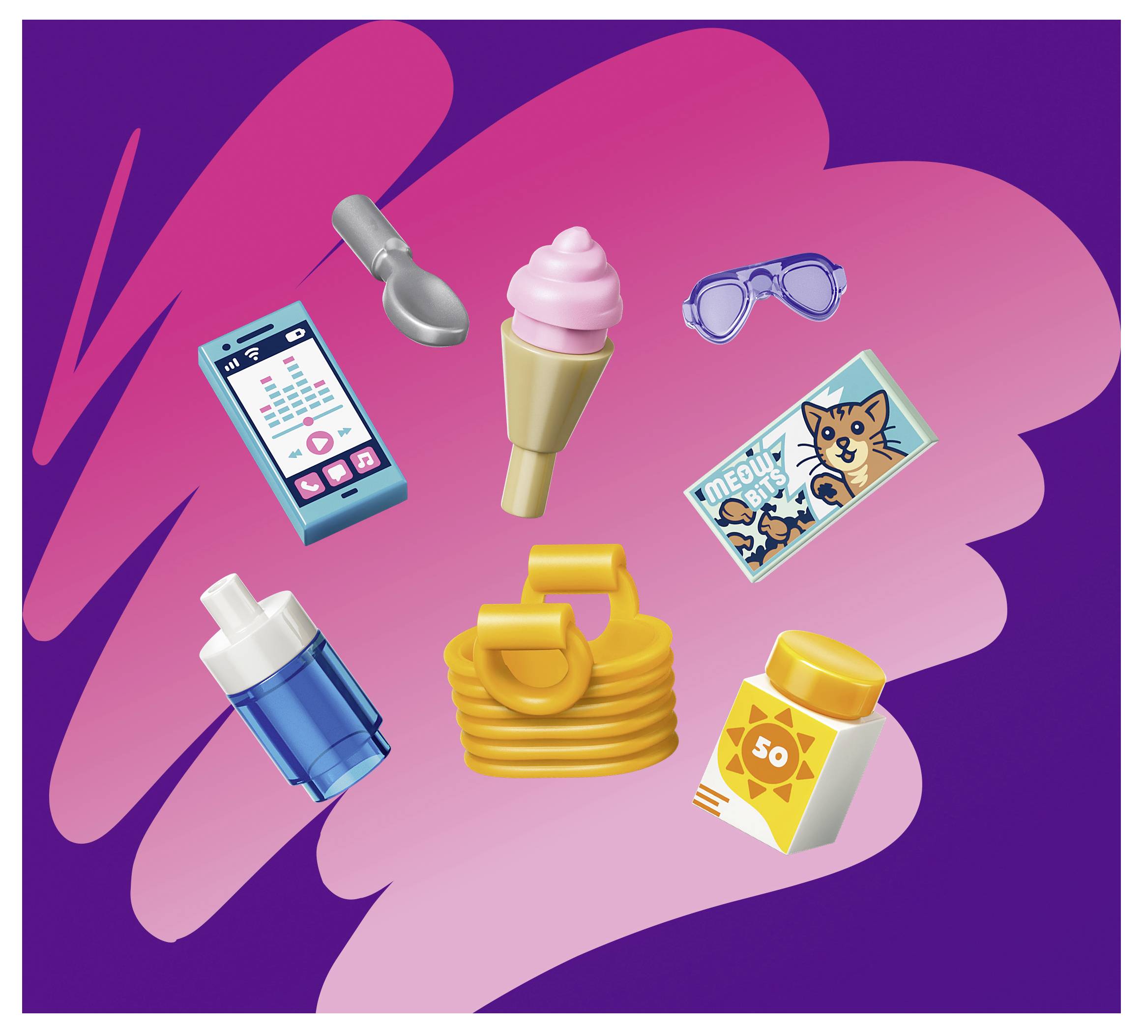Různé ikony nákupů a životního stylu na růžovém pozadí s tahem štětce, včetně telefonu, tenisky, zmrzliny, brýlí, komiksové karty, láhve, stohu palačinek a ochranného krému.