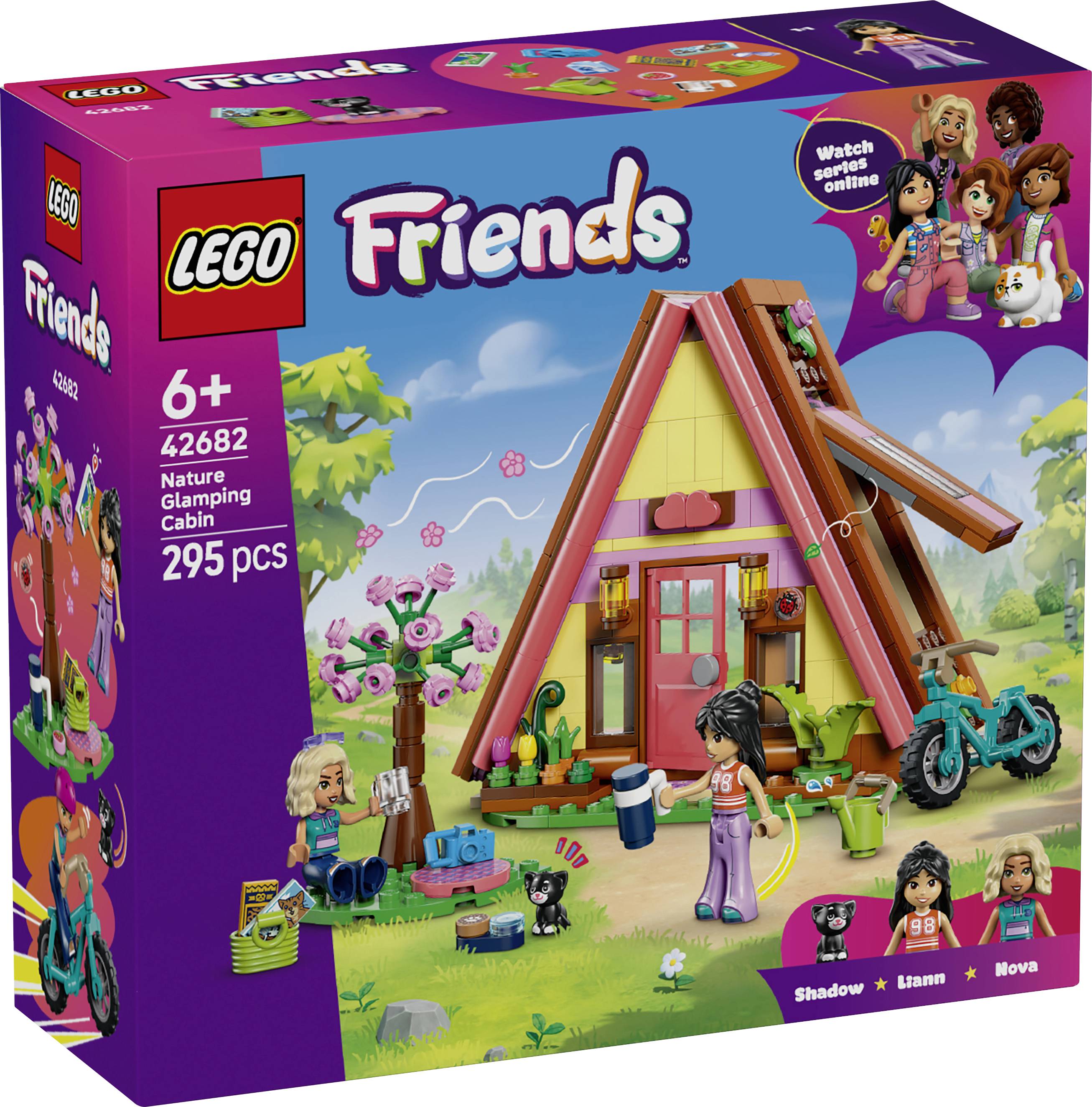 LEGO Friends sada Přírodní glamping chatka, zobrazující scénu chaty se šikmou střechou s minipanenkami, kolem a příslušenstvím; 295 dílků, věk 6+